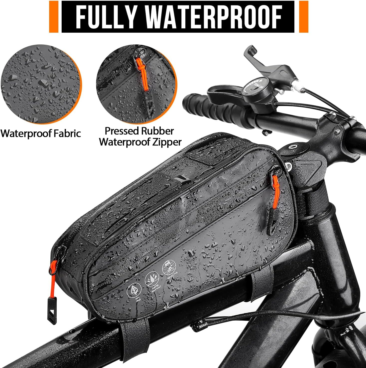 WOTOW Bike Frame Bag, Waterproof Bike Triangle Bag with Two Side Pockets, Reflective Bicycle Top Tube Phone Storage Pouch for Road Mountain Bike Cycling Travel （1.2L） image number 1
