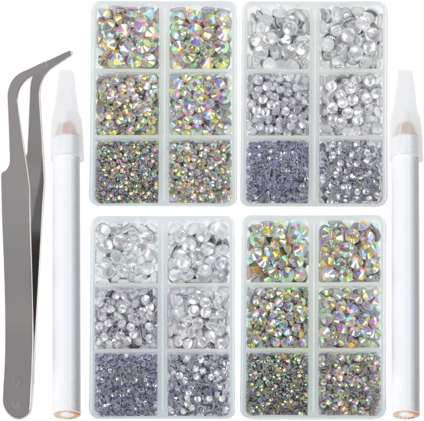 Lpbeads 10000Pcs Hotfix Rhinestones Flatback Glass Crystal 24 Mixed Color Rhinestone with Tweezers and Picking Pen for Crafts Clothes Nail Art