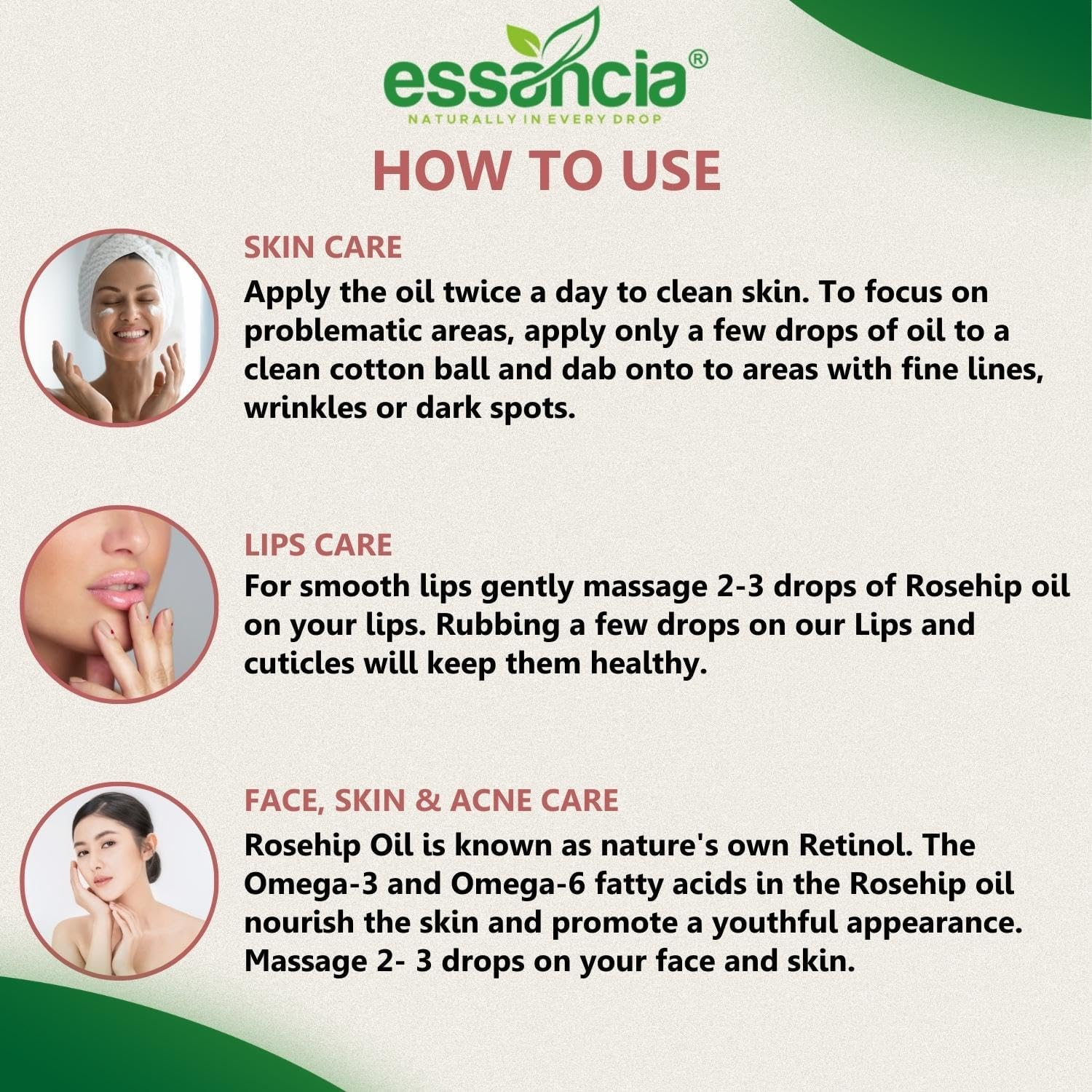 Essancia Rosehip Carrier Oil for Face Glow, Hair Growth, Acne, Skin Care, Healthy Nails, Wrinkles, Lips, & Radiant Skin. 100% Natural, Organic, & Pure Cold Pressed Carrier Oils. image number 4