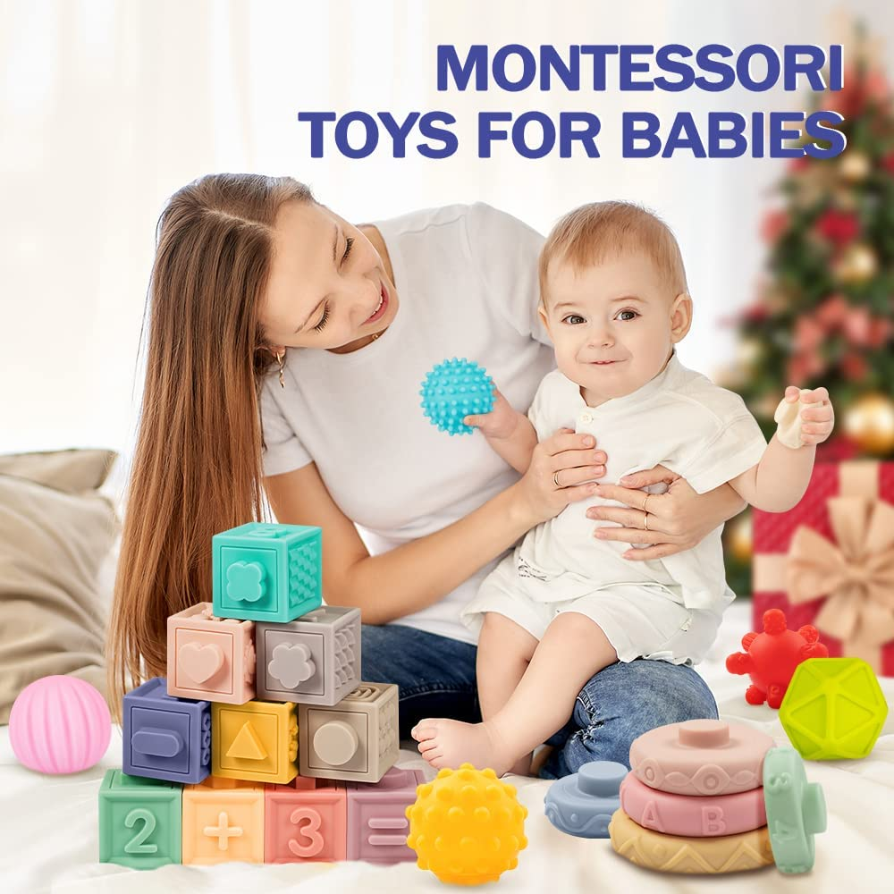 Jyusmile Baby Toys 6-12 Months, Montessori Toys for Babies 6-12 Months, Incl Stacking Building Blocks & Soft Infant Teething Toys & Sensory Balls for Toddlers 0-3-6-9-12 Months image number 2