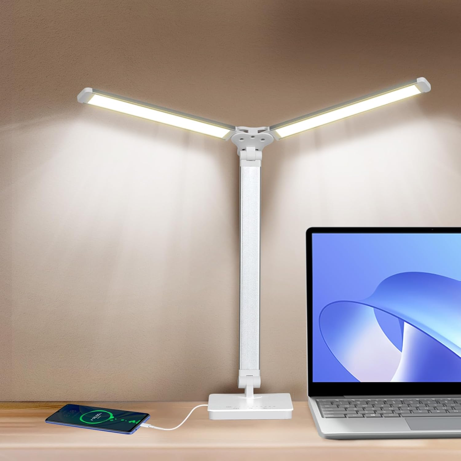 Emitto Desk Lamp for Home Office, Light Eye Caring Foldable Adjustable, USB Rechargeable Reading Light,Touch Control with 5 Color Modes&10 Brightness Level, for Kids Reading Studying, White image number 2