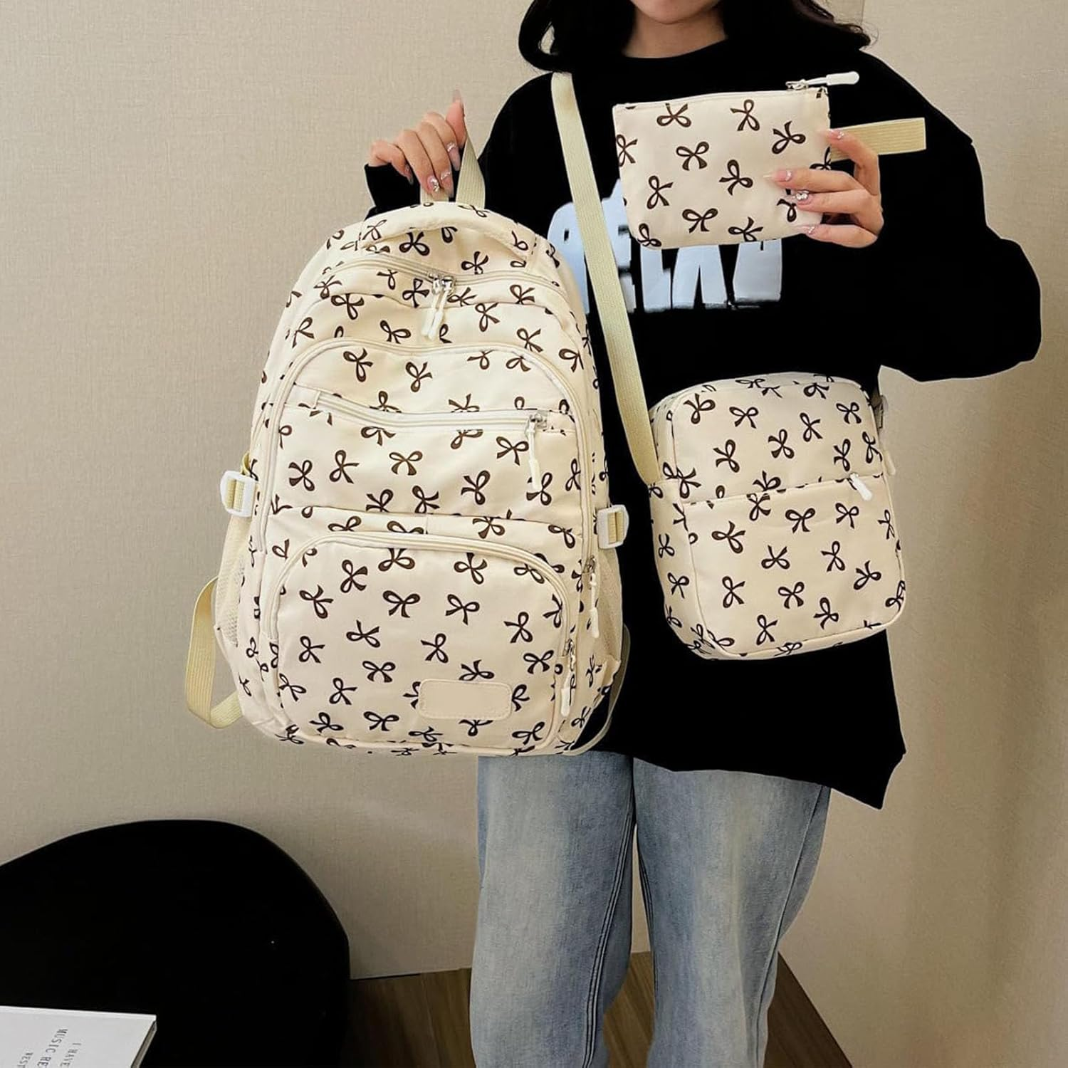 3Pcs Set Bow Backpack for Girls, Nylon Coquette Backpack with Bow Pattern, Cute Comfy, for Everyday Travel, College image number 2