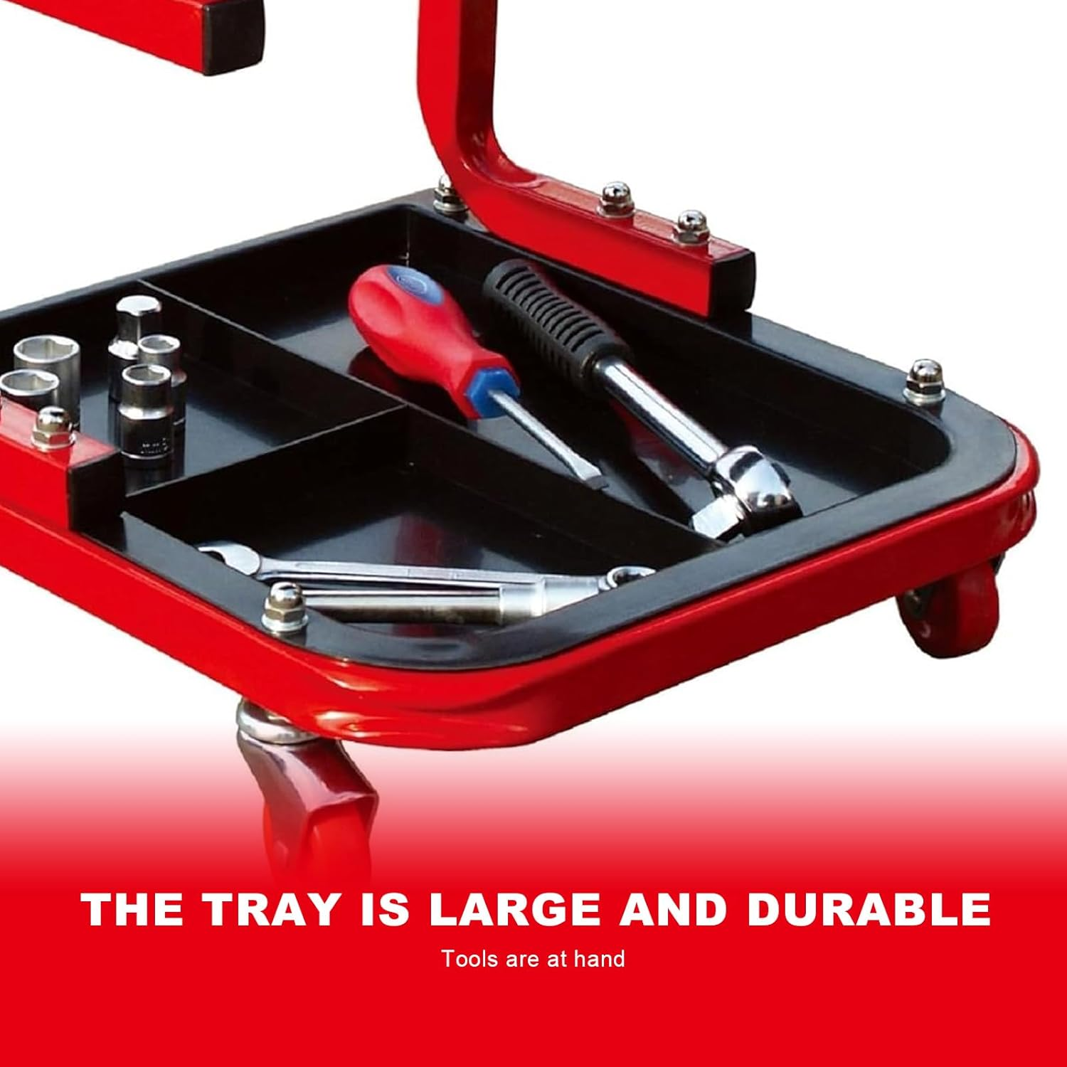 Torin TR6300 Rolling Creeper Garage/Shop Seat: Padded Mechanic Stool with Tool Tray, Red image number 4