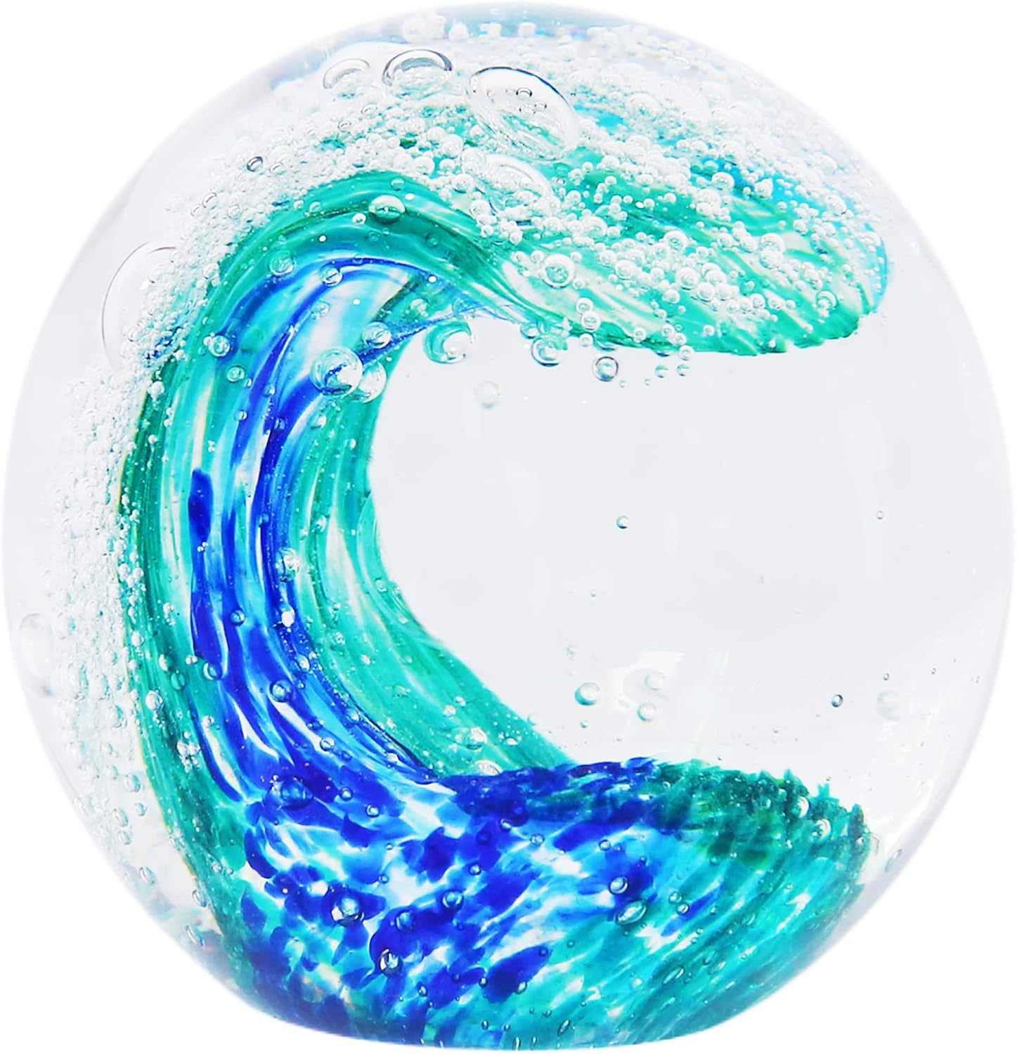 EUSTUMA Hand Blown Glass Figurines Ball Ocean Waves,Office Paperweight Glass for Desk,Home Decor Collectible,Aquarium Decor,Office Decor Ocean Lovers (Waves)