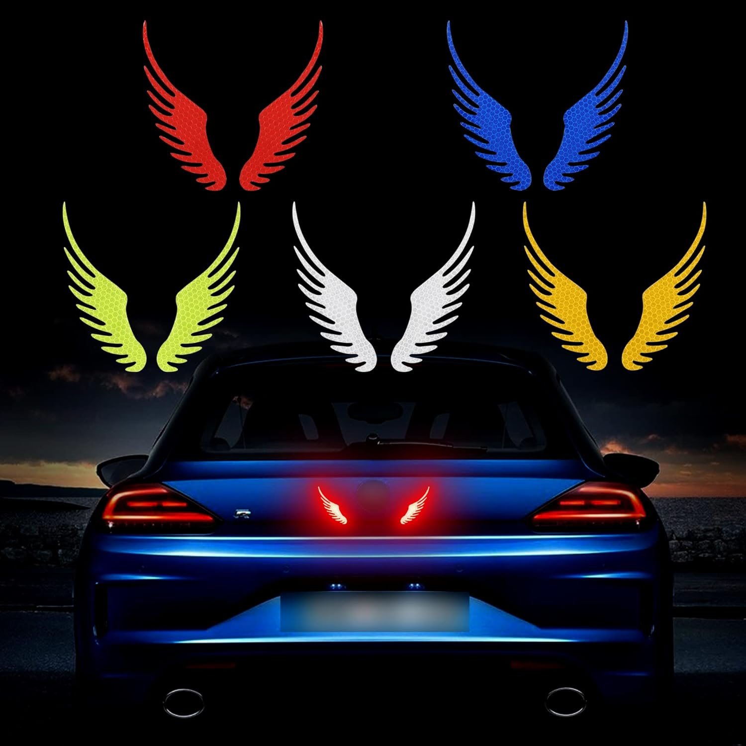TOMALL 5 Pair Reflective Angel Wings Stickers for Car Safety Warning High-Intensity Night Visibility Anti-Collision Reflective Decals Waterproof for Car Logo Rearview Mirror image number 5