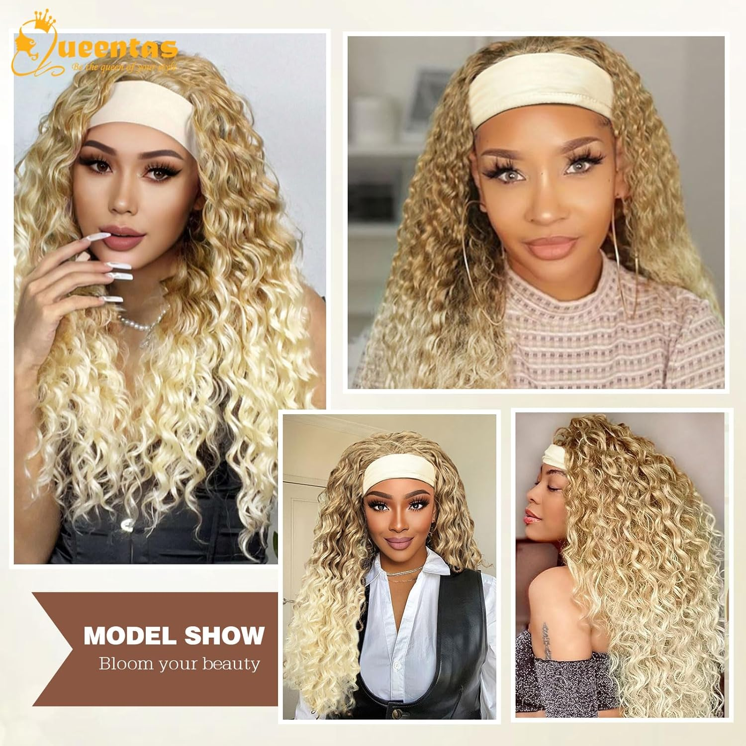 QUEENTAS Headband Wigs for Women Blonde Deep Wave Headband Wig Curly Glueless Hair Wigs Machine Made No Lace Deep Curly Headband Wig - Blonde image number 6