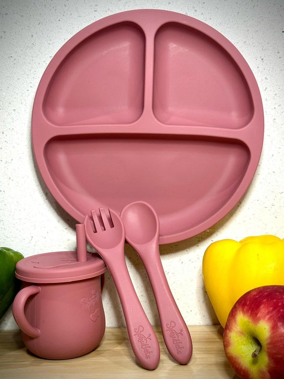 4 Pcs Silicone Feeding Set - Plate, Cup, Spoon, and Fork - Baby Feeding Essentials - Red image number 1