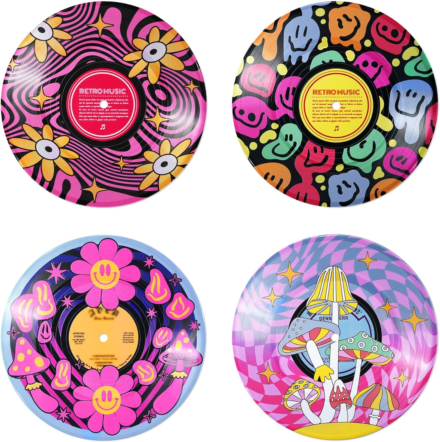 Putuo Decor Aesthetic Vinyl Record Set of 4 - Kawaii Indie Mushroom Room Decor, Pink Y2K for Teen Girls, Cute Pastel Danish for Kid'S Room (AMZVS0004)