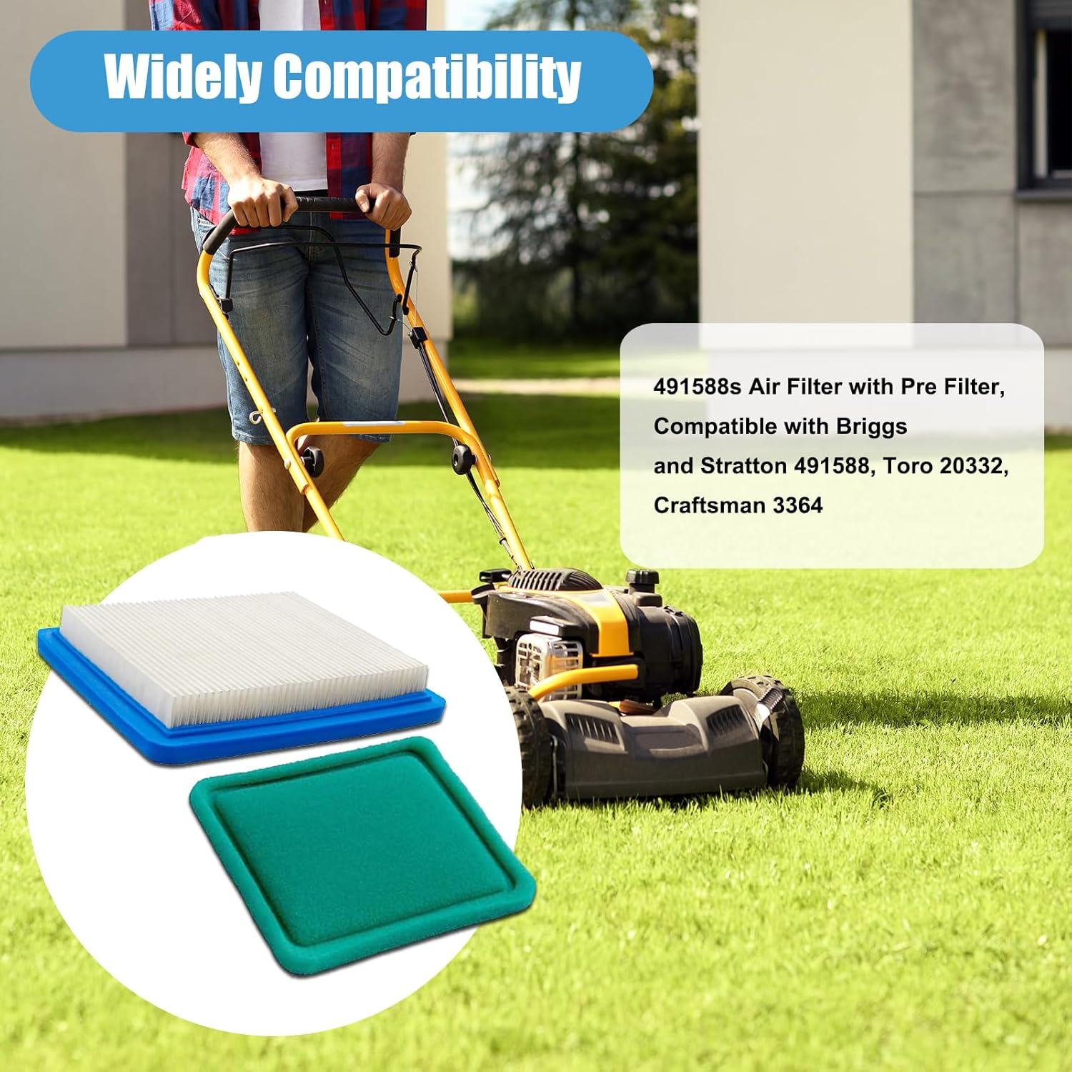 491588S Air Filter with Pre Filter, Compatible with Briggs and Stratton 491588, Toro 20332, Craftsman 3364, Premium Lawn Mower Air Cleaner image number 3