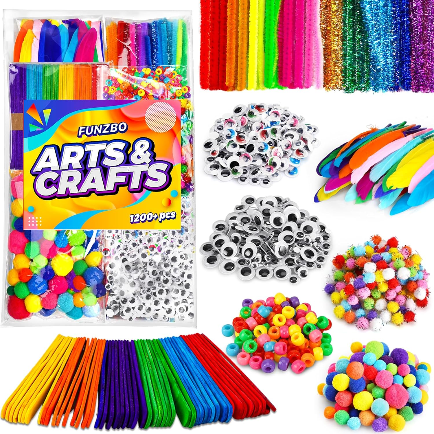FUNZBO 1200Pcs+ Arts & Crafts Supplies for Kids- Craft Kits with Pipe Cleaners, Pom Poms for Crafts, Popsicle Sticks for Craft, Craft for Kids Ages 4-8 Girls & Boys Birathday Gifts image number 4