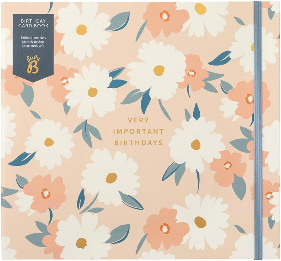 Busy B Pink Daisies Birthday Card Book - 13 Storage Pocket File for Storing Greetings Cards with Birthday Reminders, Monthly Pockets and Anniversary Chart - FSC&reg; Certified