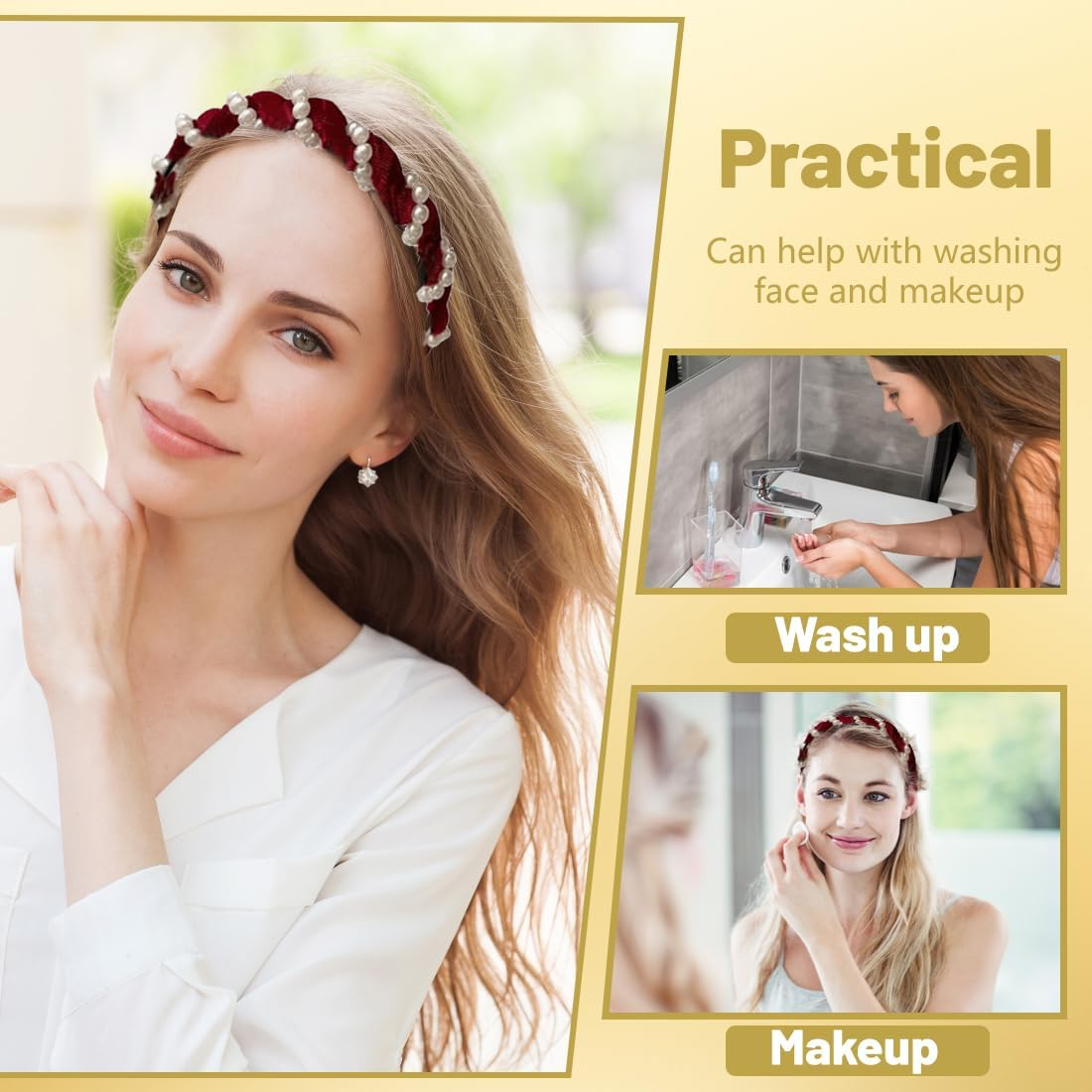 Pack of 3 Pearl Zigzag Headbands, Pearl Shark Tooth Hair Comb, Hard Headbands, Women'S Wavy Plastic Headband, Make up Headband, for Sports, Fitness, Daily Girls, Women, Men image number 5