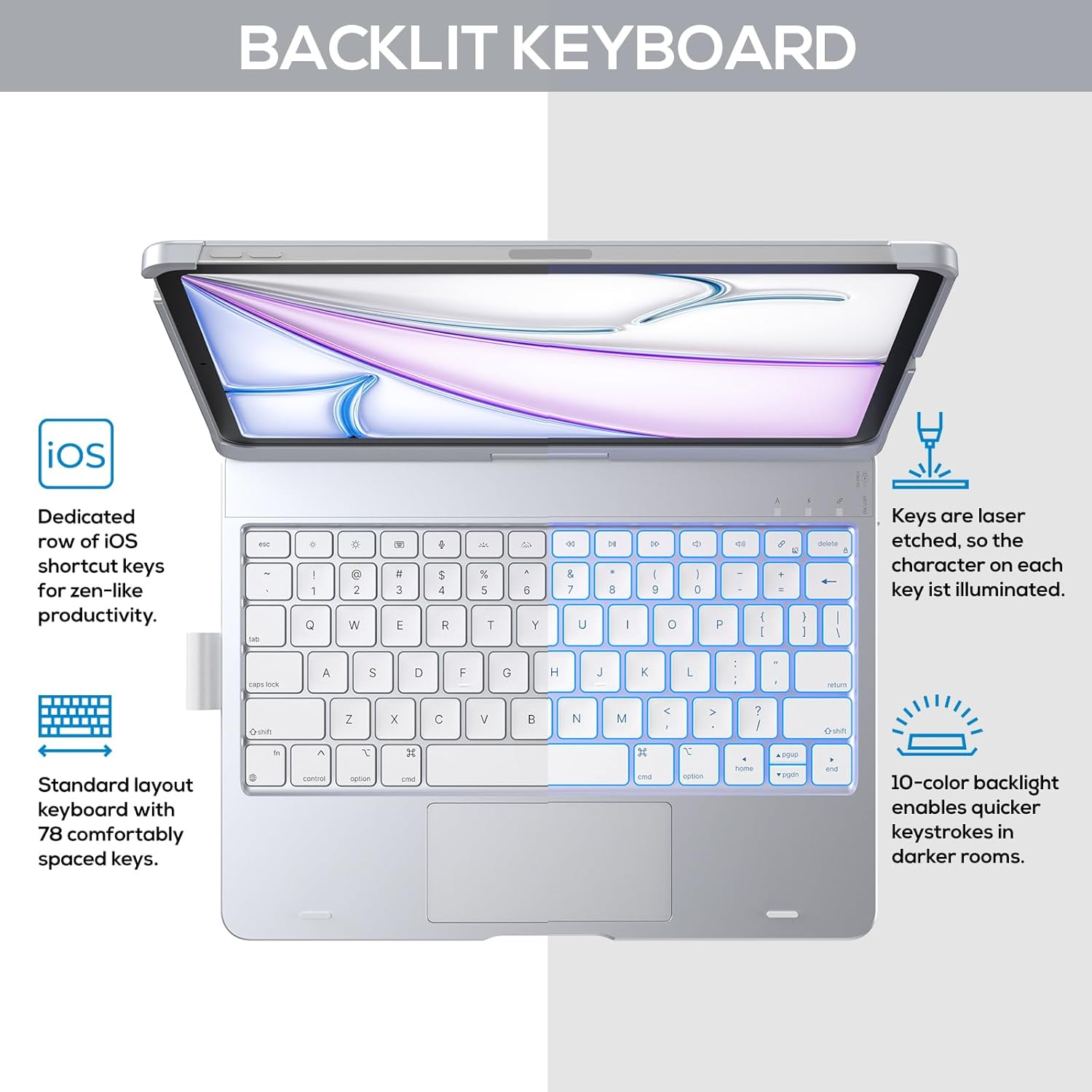 Typecase Touch Keyboard Case for Ipad Air 11-Inch (M3 2025 / M2 2024)& Ipad Pro 11(4Th/3Rd/2Nd/1St Gen):Multi-Touch Trackpad & 11 Colors Backlight&360&deg;Rotatable,Thin & Light for Ipad Air 5/4 Gen,Black image number 5