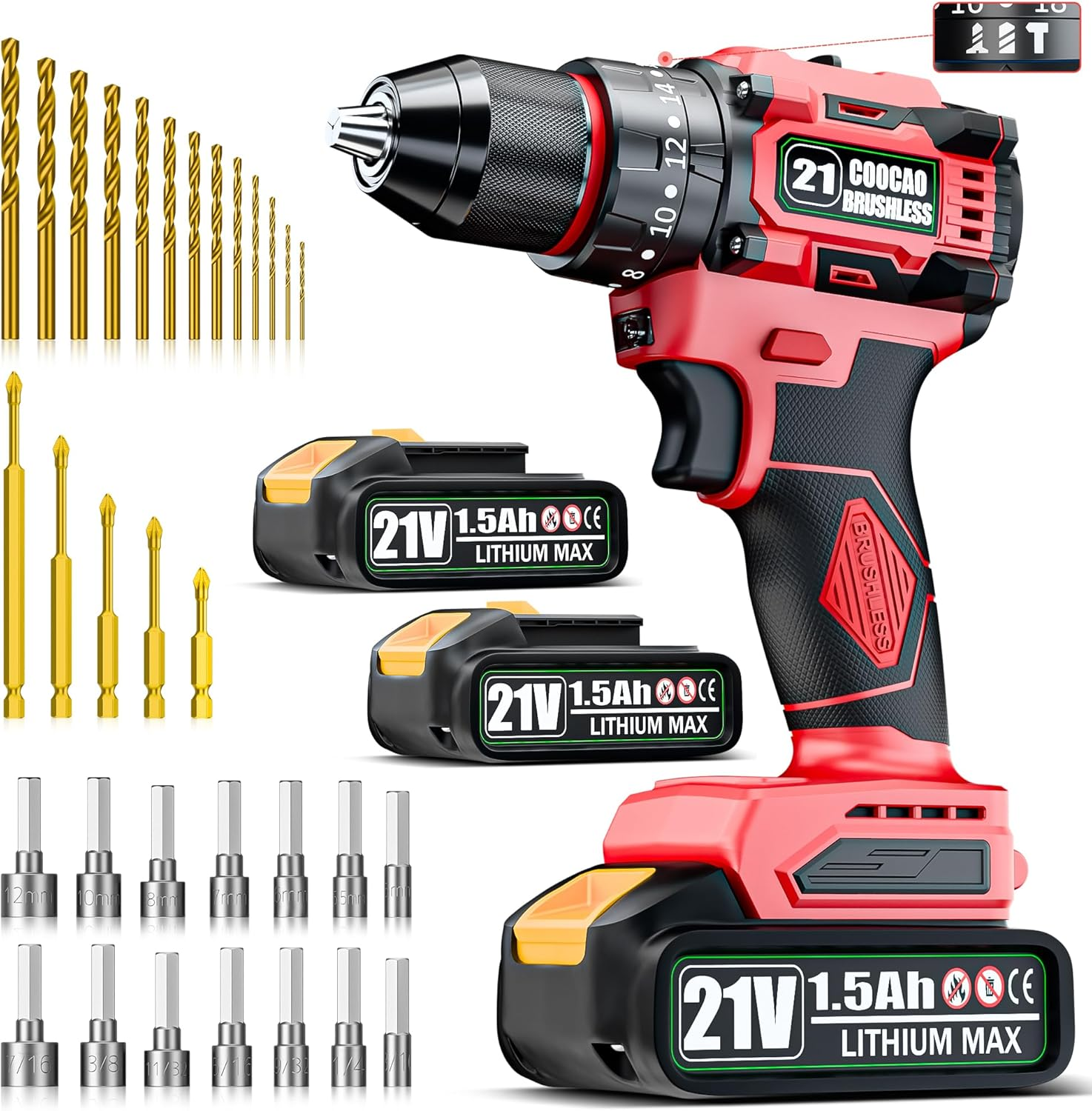 21V Cordless Drill, Brushless Power Drill Set with 2 Batteries and Charger,3/8-Inch Chuck Electric Drill Driver,20+3 Torque Setting,32 Pcs Drill/Driver Bits and Tool Set