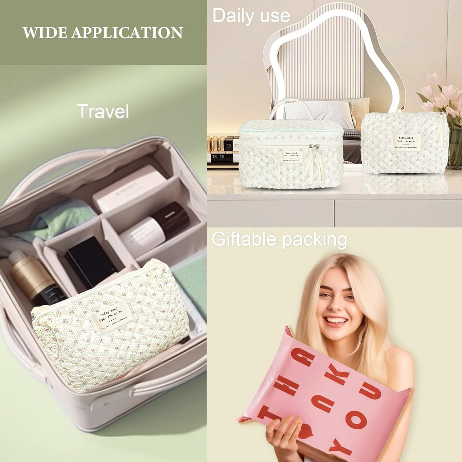 FYL 2Pcs Quilted Makeup Bag, Travel Makeup Bag, Floral Coquette Large Make up Bags (Classic Floral 2Pcs) image number 5