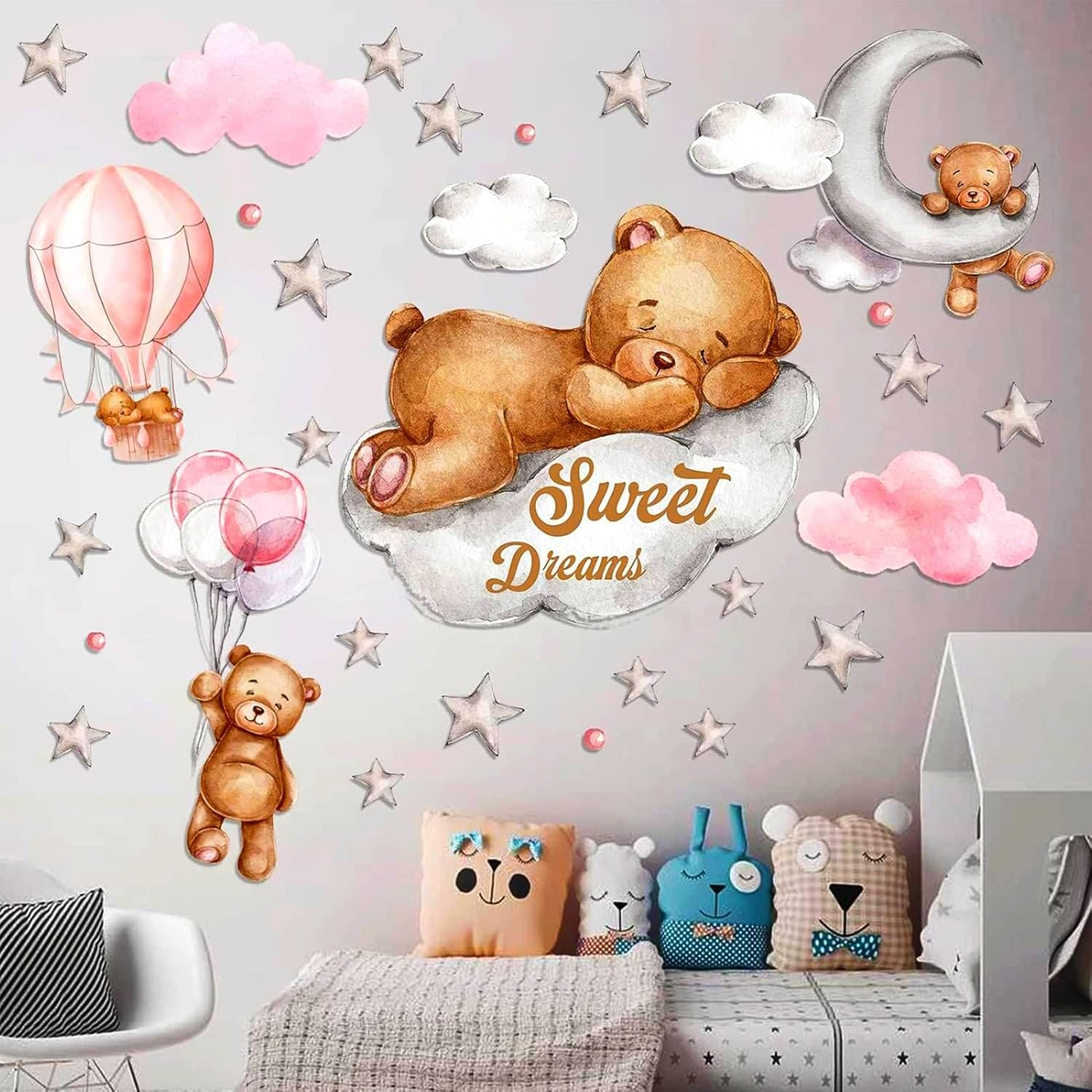 POILKMNI Tedy Bear Sleeping on the Moon and Stars Wall Stickers for Kids Baby Room Decor Sweet Dream Hot Air Balloon Star Nursery Shower Interior Kid Bedroom Playroom Decals (Pink)