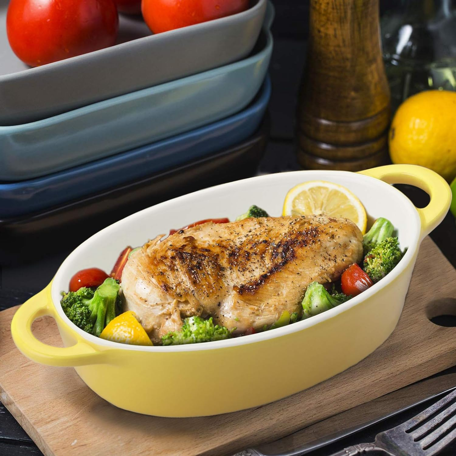 Foraineam 6 Colors Oval Porcelain Ramekins 10 Oz Oven Safe Creme Brulee Souffle Baking Ramekin Dishes Bowl with Double Handles