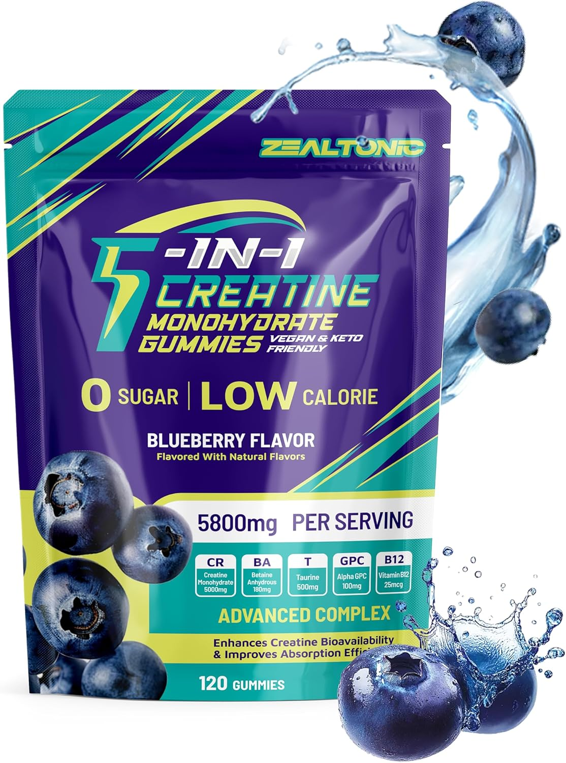 Creatine Monohydrate Gummies 5800Mg with Betaine & Alpha GPC | 0 Sugar | Pre Workout Energy Booster for Men & Women | Muscle Growth & Boost Strength & Faster Recovery | Pineaple Flavor(120 Count, Blueberry) image number 2