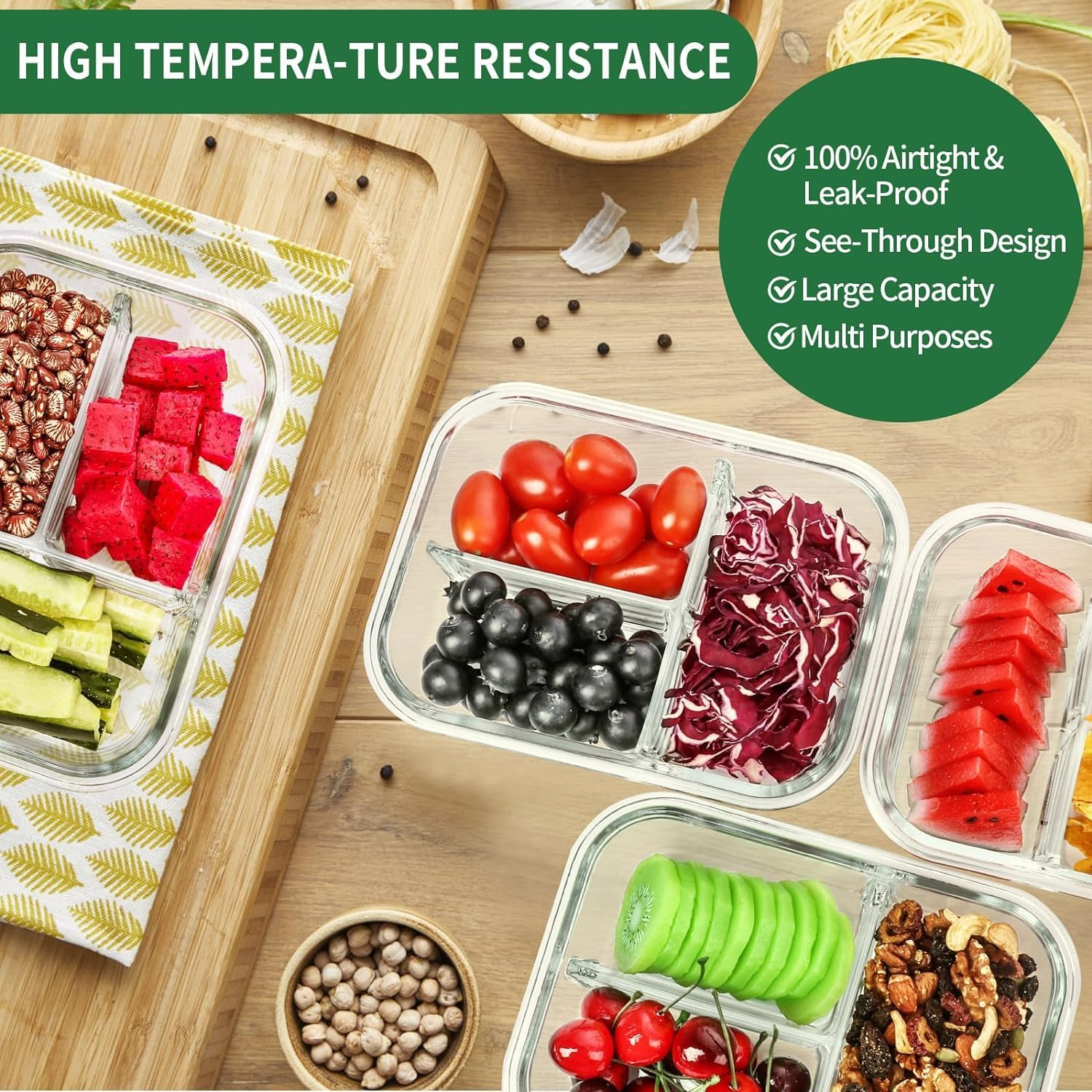 5-Pack 36OZ Glass Airtight Food Storage Containers 3 Compartments,Glass Meal Prep Container Set with Lids for Pantry Kitchen Organizers and Storage, BPA Free Glass Lunch Boxes Bento