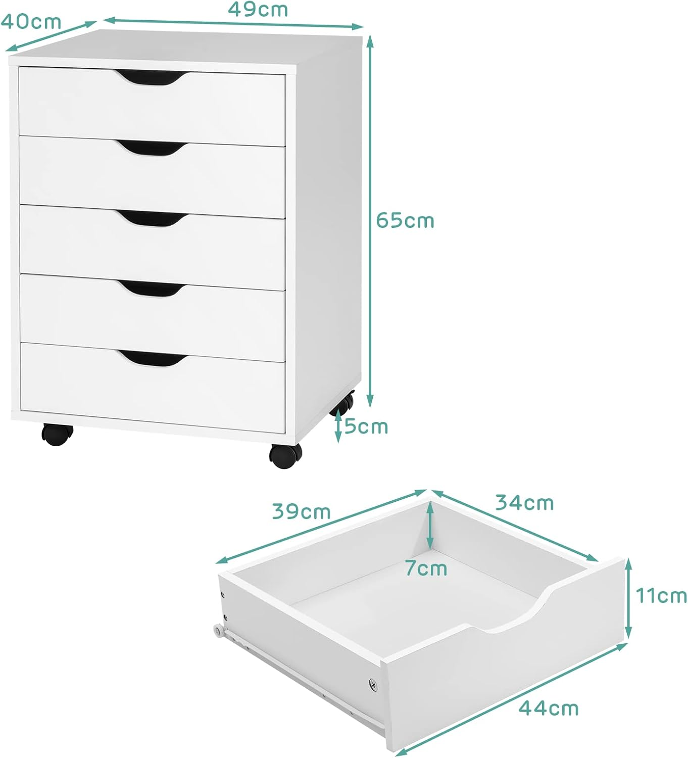 Giantex 5-Drawer Mobile File Cabinet, Side Cabinet File Pedestal W/ 4 Castors, Wood under Desk Drawer, Storage Cabinet Organiser, Compact Chest of Drawers Dresser (White)