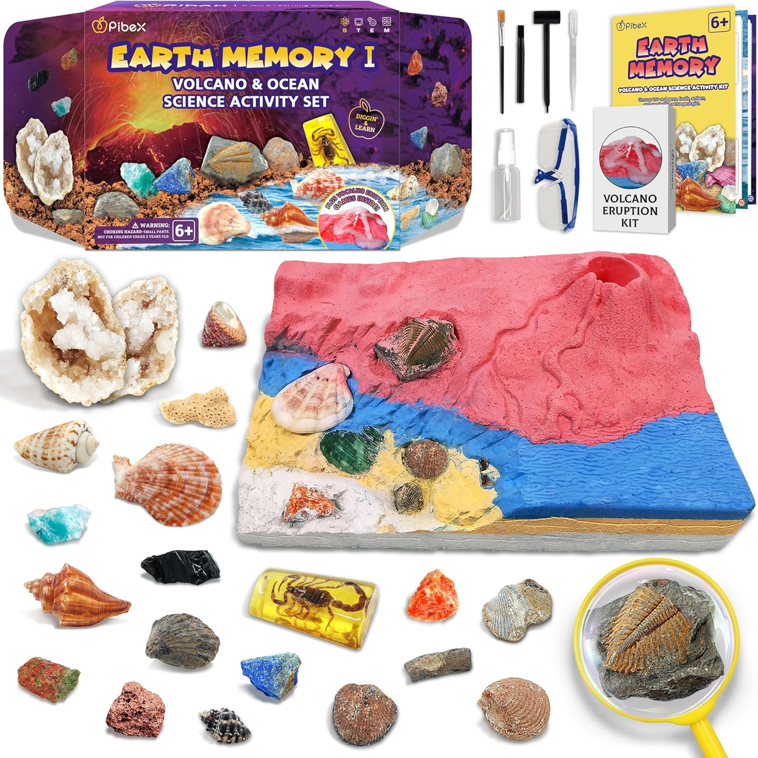 Volcano & Ocean Fossil Dig Kit, Dig up 20+ Real Fossils, Rocks, Shells & Sea Snails with Eruption Experiments, Earth Science Geology Kit for Kids, STEM Toy for Boys & Girls Age 6-8-12 image number 1