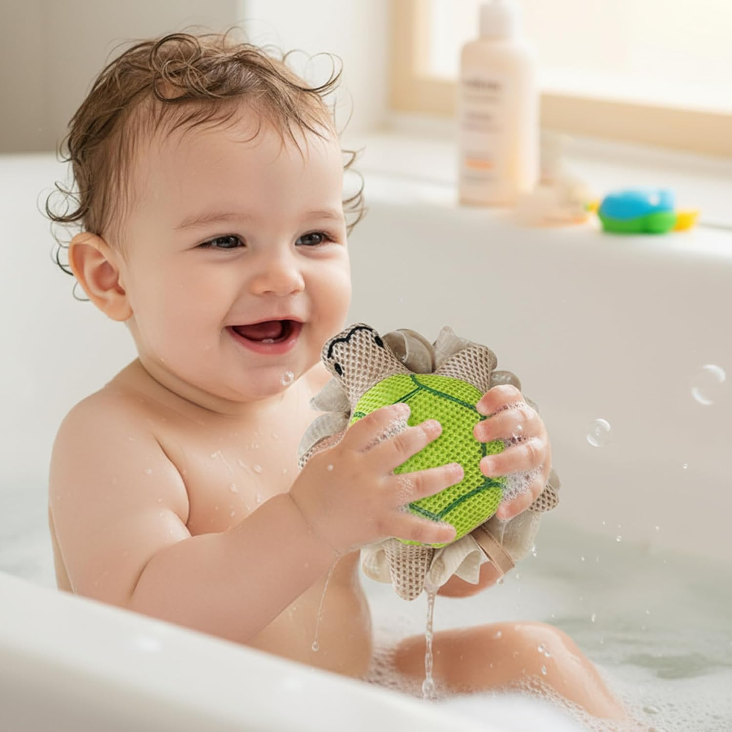 Kids Loofah for Baby Bath Sponge Extra Large Double-Layer Mesh for Rich Lather & Gentle Exfoliating Cute Shower Scrubber for Toddler Girls & Women - Green image number 5