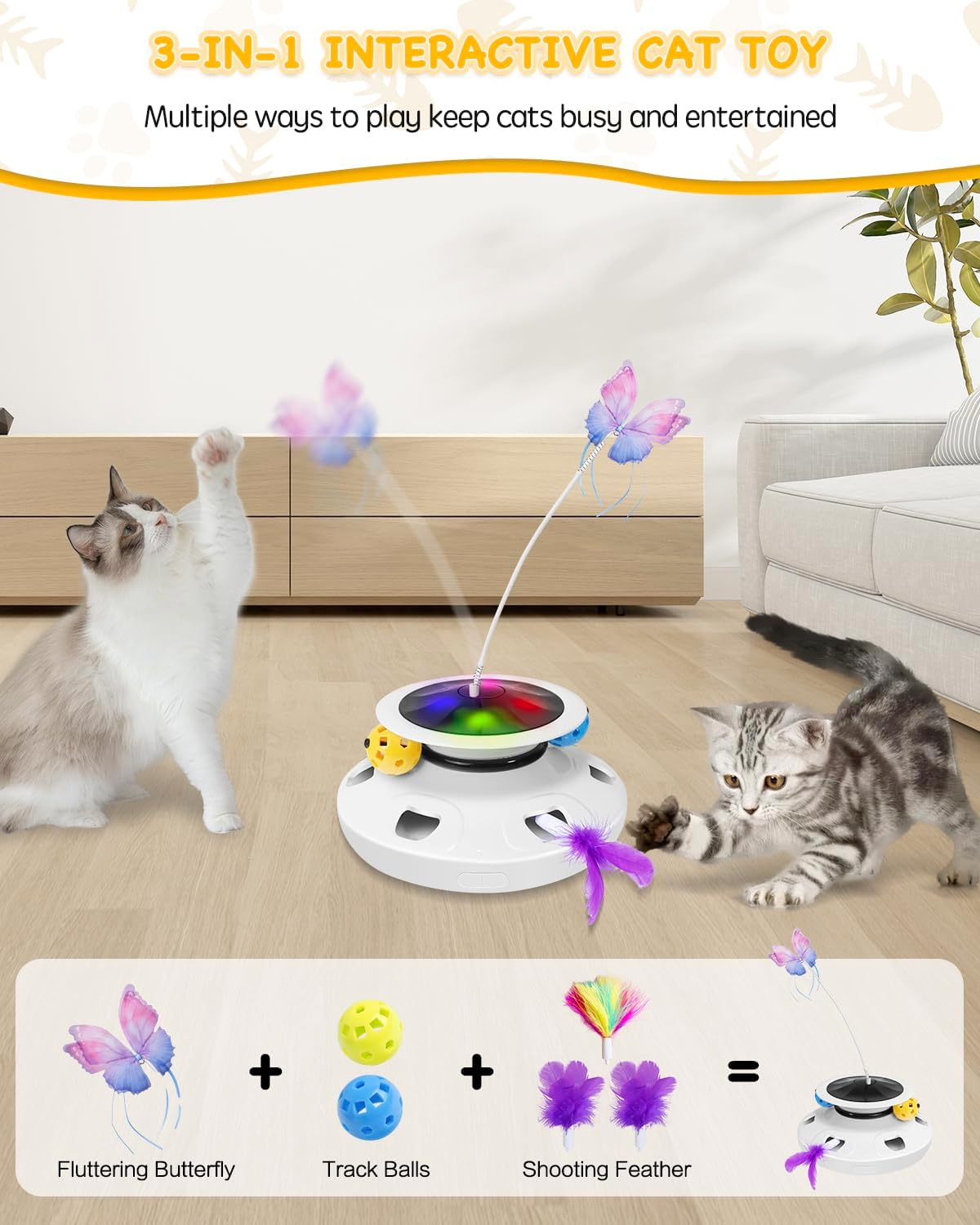 Interactive Cat Toy, [3 in 1] Automatic Rotating Butterfly & Moving Feather Hide Seek Mouse Holes with Exercise Track Balls Refills for Indoor Kitten image number 3
