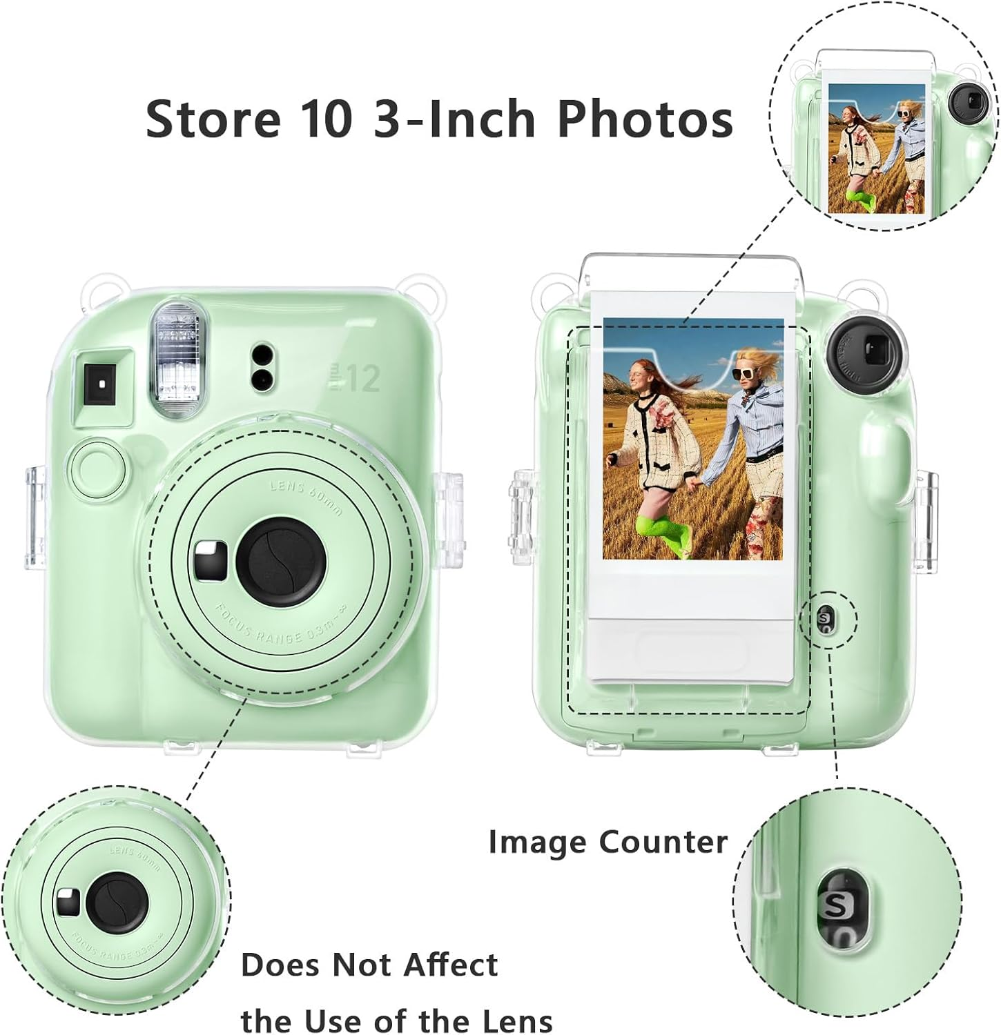 Rieibi Clear Case Compatible with Fuji Instax Mini 12, Hard Carrying Case Bag for Fujifilm Instax Mini 12 Instant Camera, PC Cover with Photo Storage Pocket & Shoulder Strap - Bundle Green image number 6