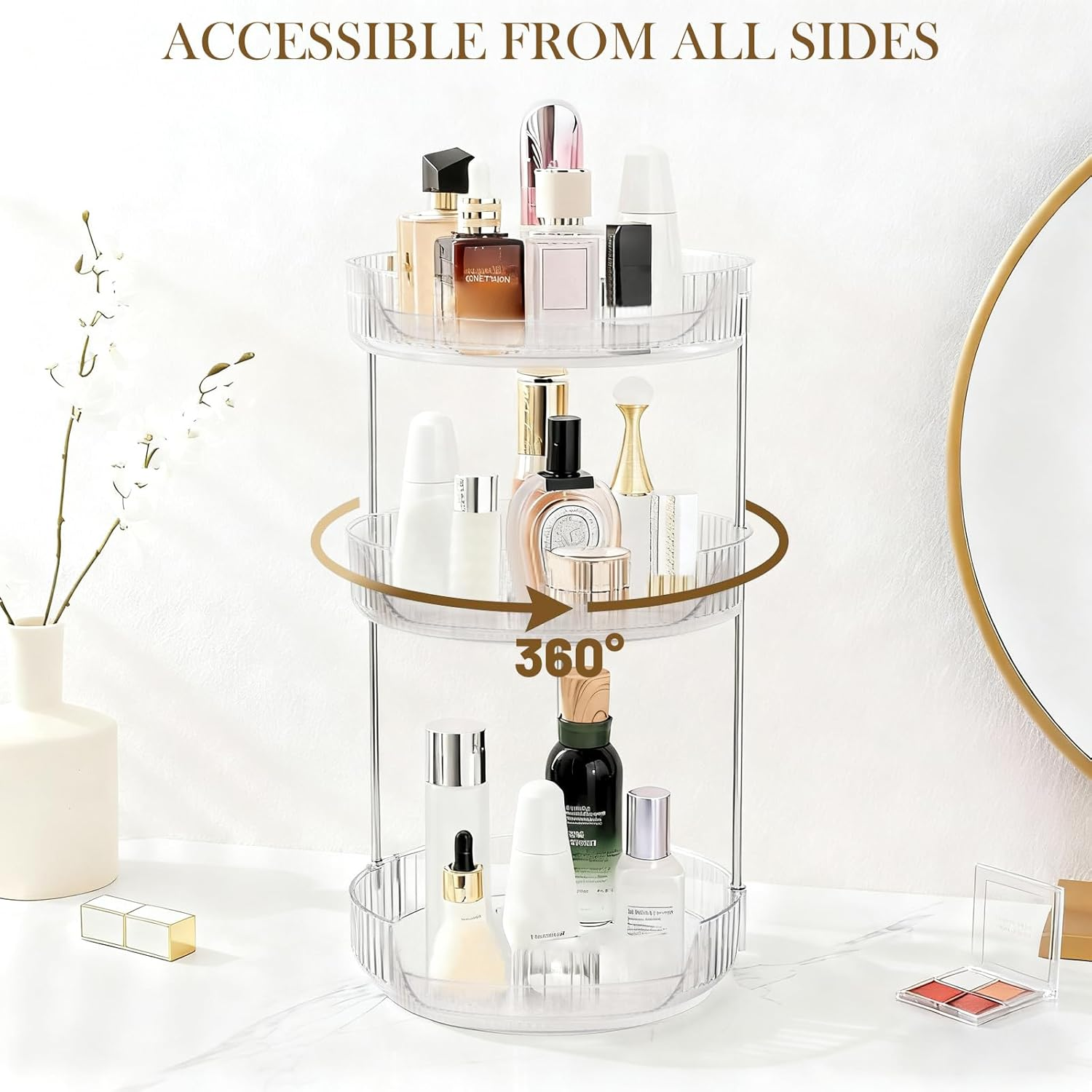 YUDSKU Makeup Organiser, 360 Rotating Spinning Skincare Cosmetic Organiser 3 Tier Large Beauty Spinny Makeup Storage Organiser, Storage Display Case for Bathroom Countertop, Dresser, Vanity image number 6