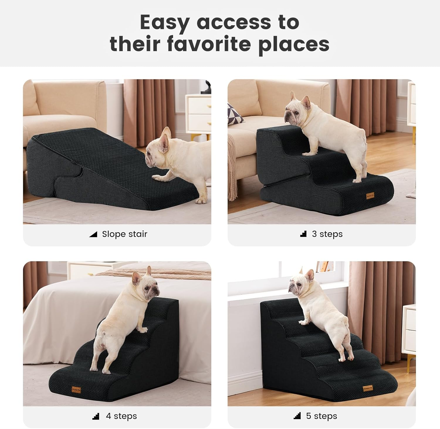 Gardner Pet Dog Stairs for Small Dogs 19.7" H, 4-Step Black Curved Pet Stairs, Dog Steps for High Bed (18-24 In), Couch with Durable Non-Slip Waterproof Fabric Cover and Certipur-Us Certified Foam image number 1