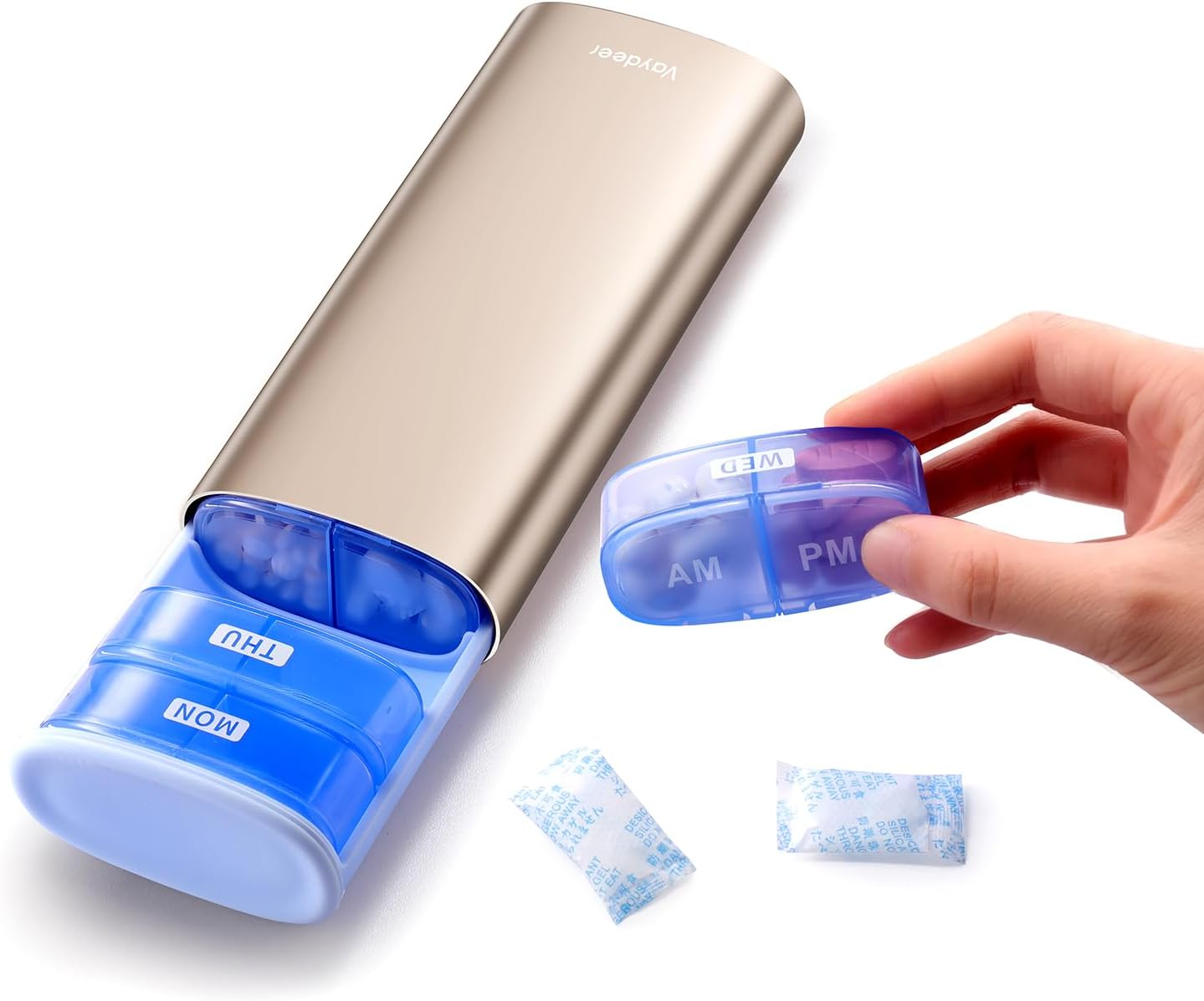 Vaydeer Large Weekly Pill Organizer 2 Times a Day,Metal 7 Day Travel Pill Box with Double Protection,Am PM Pill Case for for Medication, Vitamins, Fish Oils, Supplements(Champagne Gold) image number 5