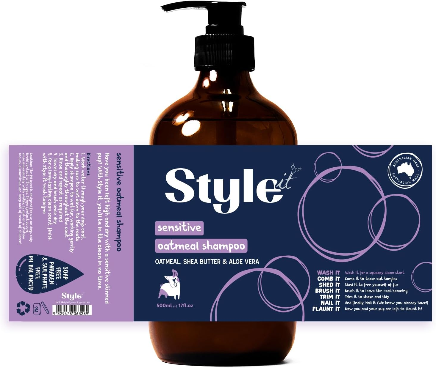 Style It Natural Oatmeal Shampoo for Sensitive Dogs, 500Ml - All Natural Ingredients, Deodorising, Oatmeal, Shea Butter & Aloe Vera, Soap Free, Paraben & Sulphate Free, PH Balanced, Australian Made image number 1