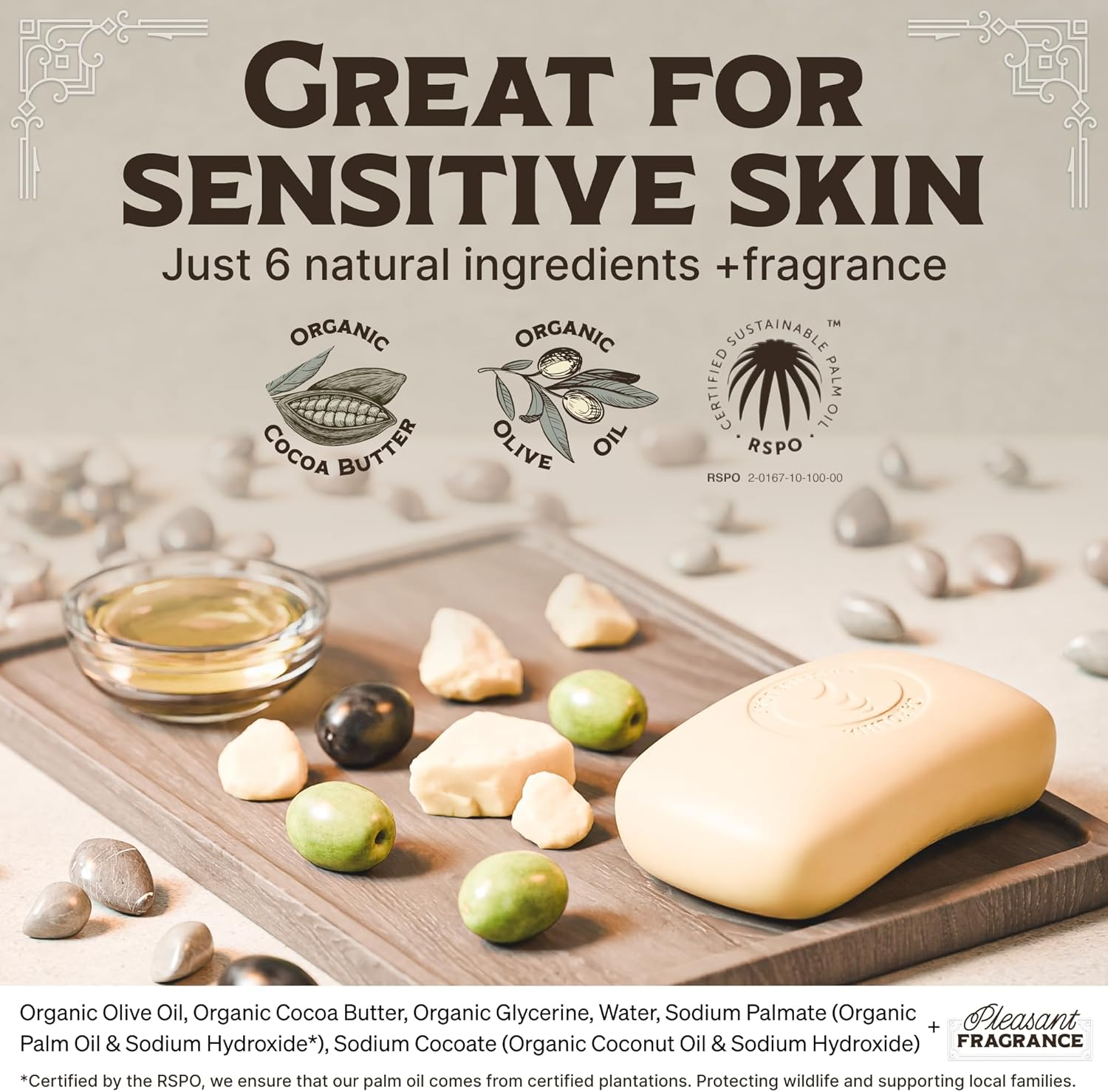 Pure Castile Soap Bars - 5 Oz Bar- Unscented Organic Soap Bars - All Vegan Olive Oil & Cocoa Butter Soap - Great Baby Castile Soap & for Those with Sensitive/Dry Skin & Acne