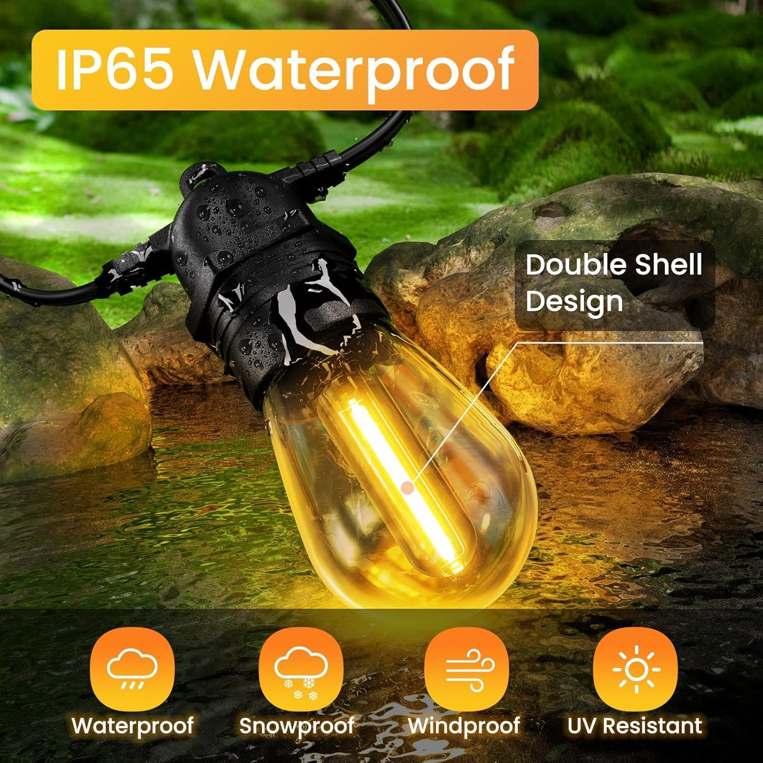 Quntis Solar Festoon Lights Outdoor, 15M Usb-C&Solar Powered String Lights with 15+1 Bulbs, IP65 Waterproof Shatterproof &Auto On/Off Led Lights for Patio Backyard Balcony Gazebo Party, Warm White image number 1