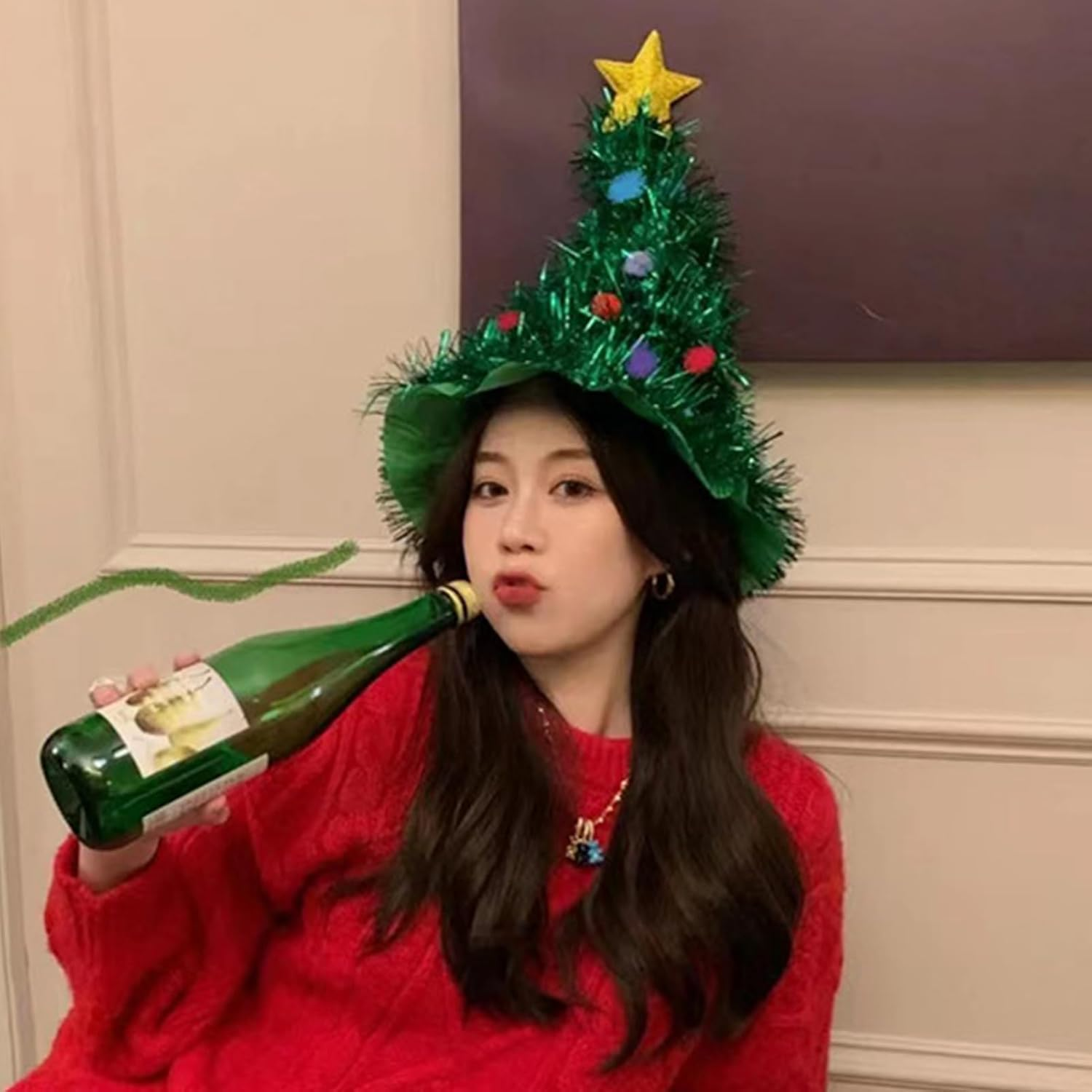 Adult Christmas Hat, Christmas Tree Hat with Star, Funny Green Hat Christmas Ornaments, Xmass Party Headwear, 47Cm/18.5Inch image number 6