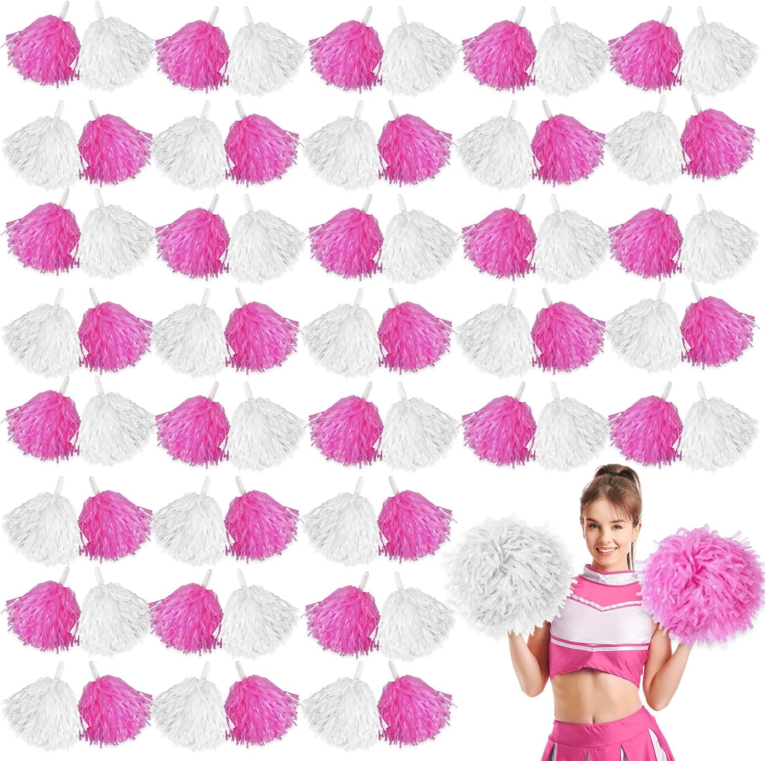 Meooeck 80 Pcs Cheerleading Pom Poms Sports Dance Cheer Pompoms with Handles Plastic Cheerleader Stuff for Sport Gymnastics Adults Cheering Team Party Decorations(Yellow) - White,Pink