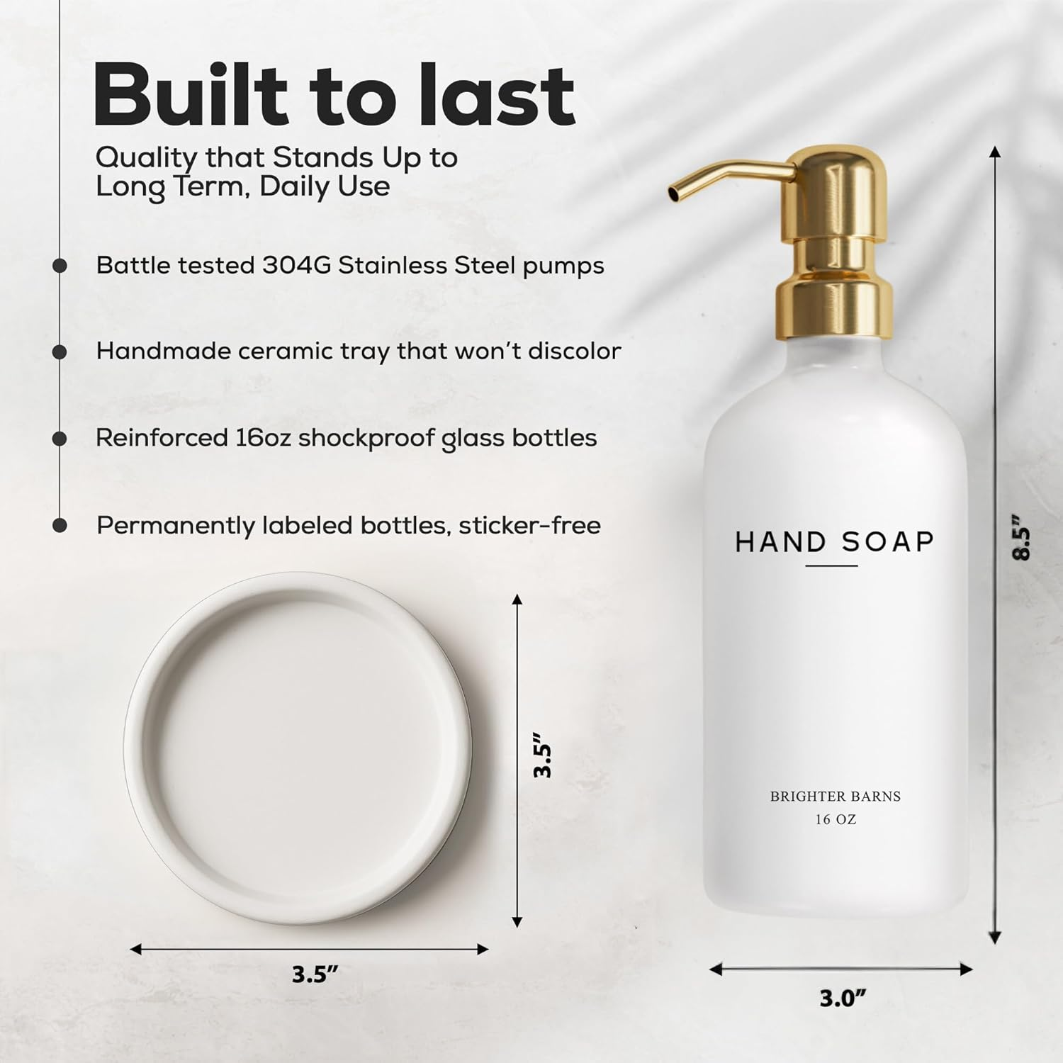 Luxury Glass Hand Soap Dispenser Bathroom Set by Brighter Barns - Hand Soap Dispenser with Stainless Steel Pump - Glass Bottle with round Tray - White and Gold Bathroom Decor & Accessories (Gold) - Dish Soap (Amber) image number 3