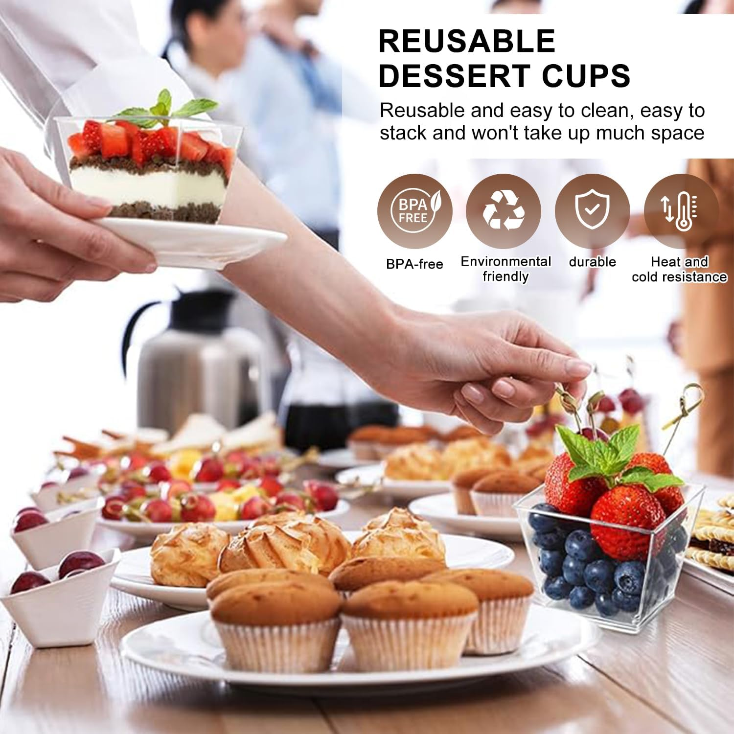 50 X 105Ml Dessert Cups with Spoons, Reusable Mini Clear Plastic Cups, Plastic Square Cup, Clear Dessert Shooter Cups BPA Free, for Appetizer, Puddings, Mousse, Yogurt and Ice Cream image number 6