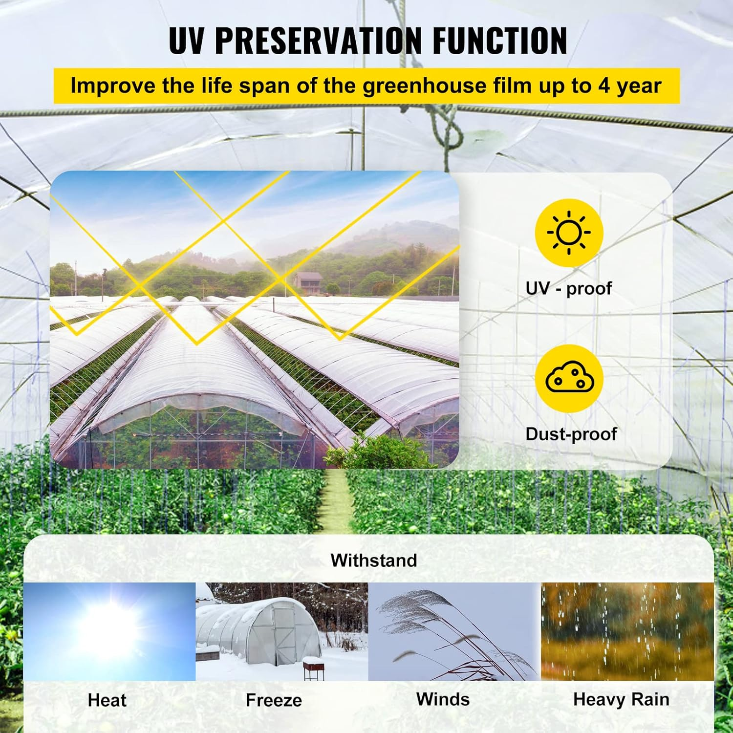 VEVOR 10' X 100' Greenhouse Plastic Sheeting, 6 Mil Thickness, UV Proof, 4 Year Clear Polyethylene Cover, Farm Plastic Supply for Gardening, Farming and Agriculture image number 3