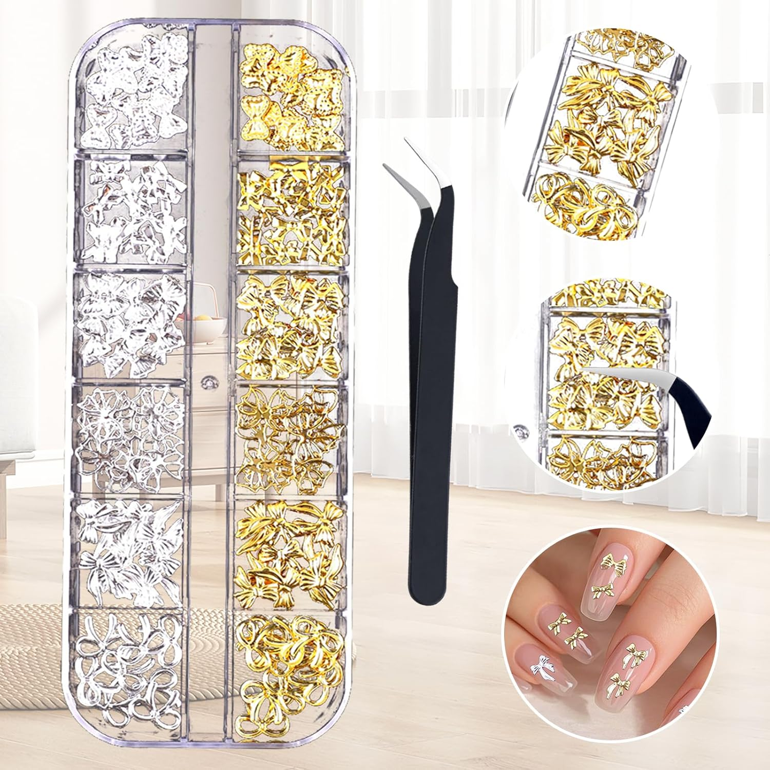 2 Pieces Metal Bow Nail Charms Gold Silver Star Bows Nail Charms Rhinestones Metal Nail Art Decoration Tweezers with Curved Tip for Nail Design Accessories image number 5