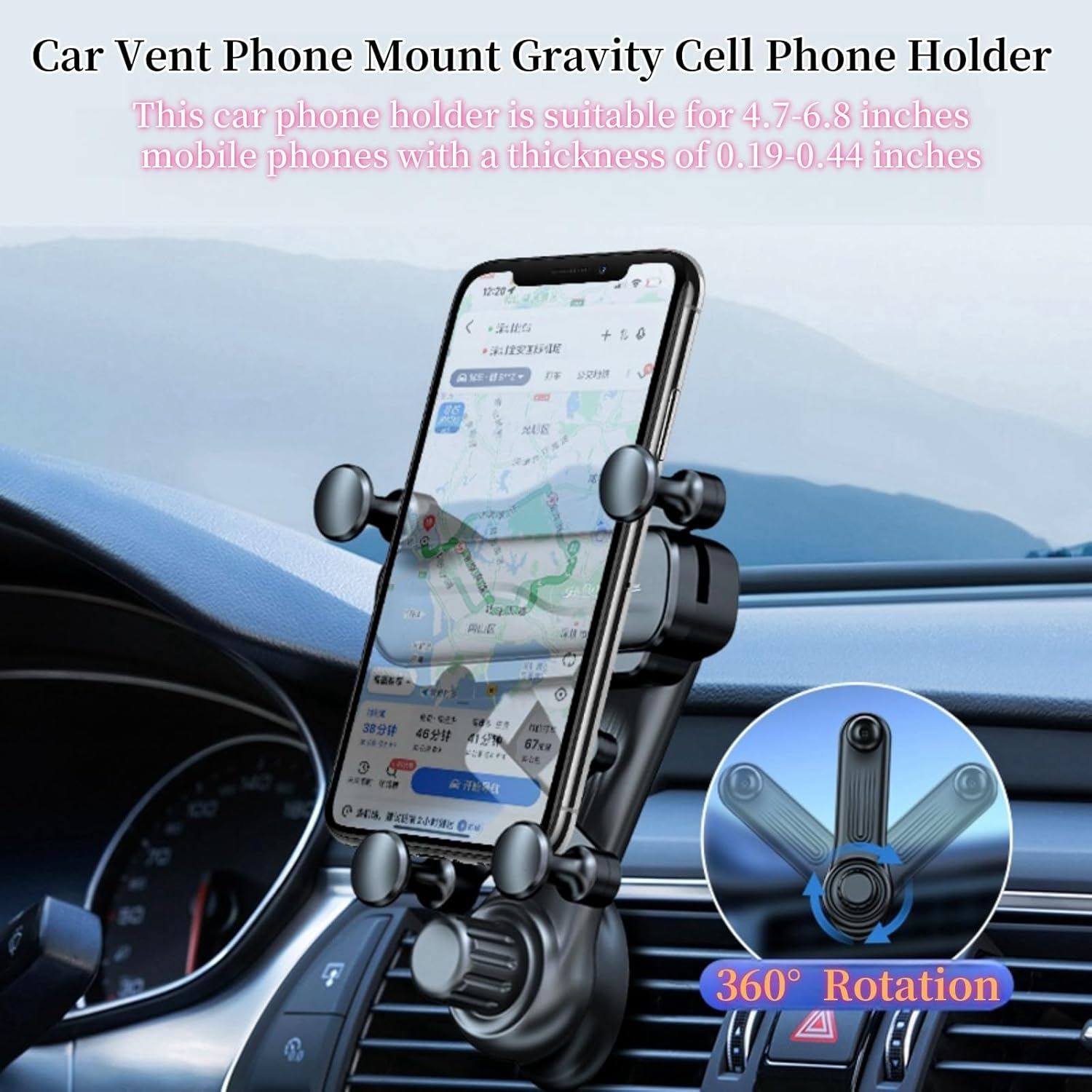 Qruilantu Car Vent Phone Mount Gravity Cell Phone Holder Never Blocking Vent with Rotatable Swing Arm Hands Free Universal Extension Clip Air Phone Holder Car Fit for All Phones Iphone Samsung - Black image number 4