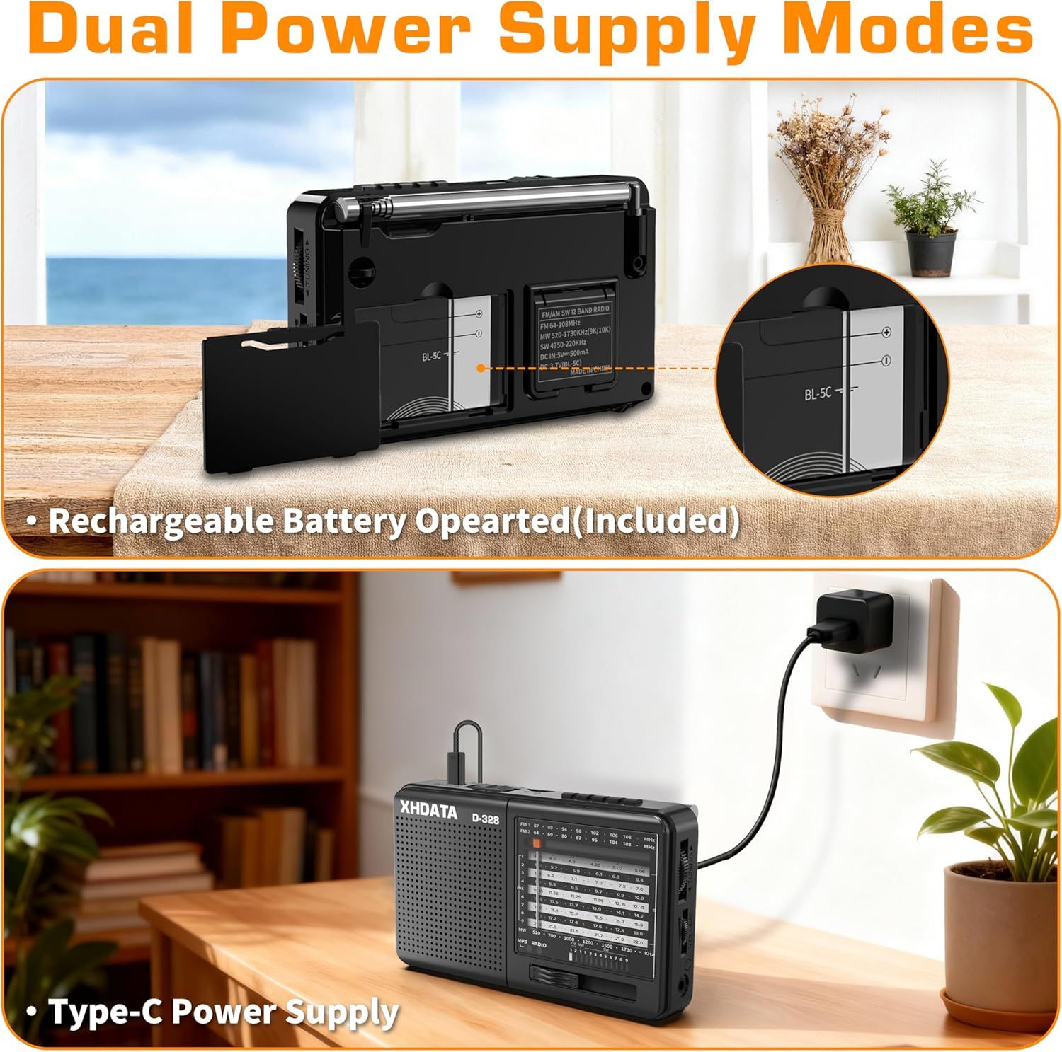 XHDATA D-328 Shortwave AM FM DSP Portable Small Multi Band Radio Stereo MP3 Player with Rechargeable Battery Earphone Jack Portable Multimedia Speaker with USB Micro SD Card Jack (Black) image number 1