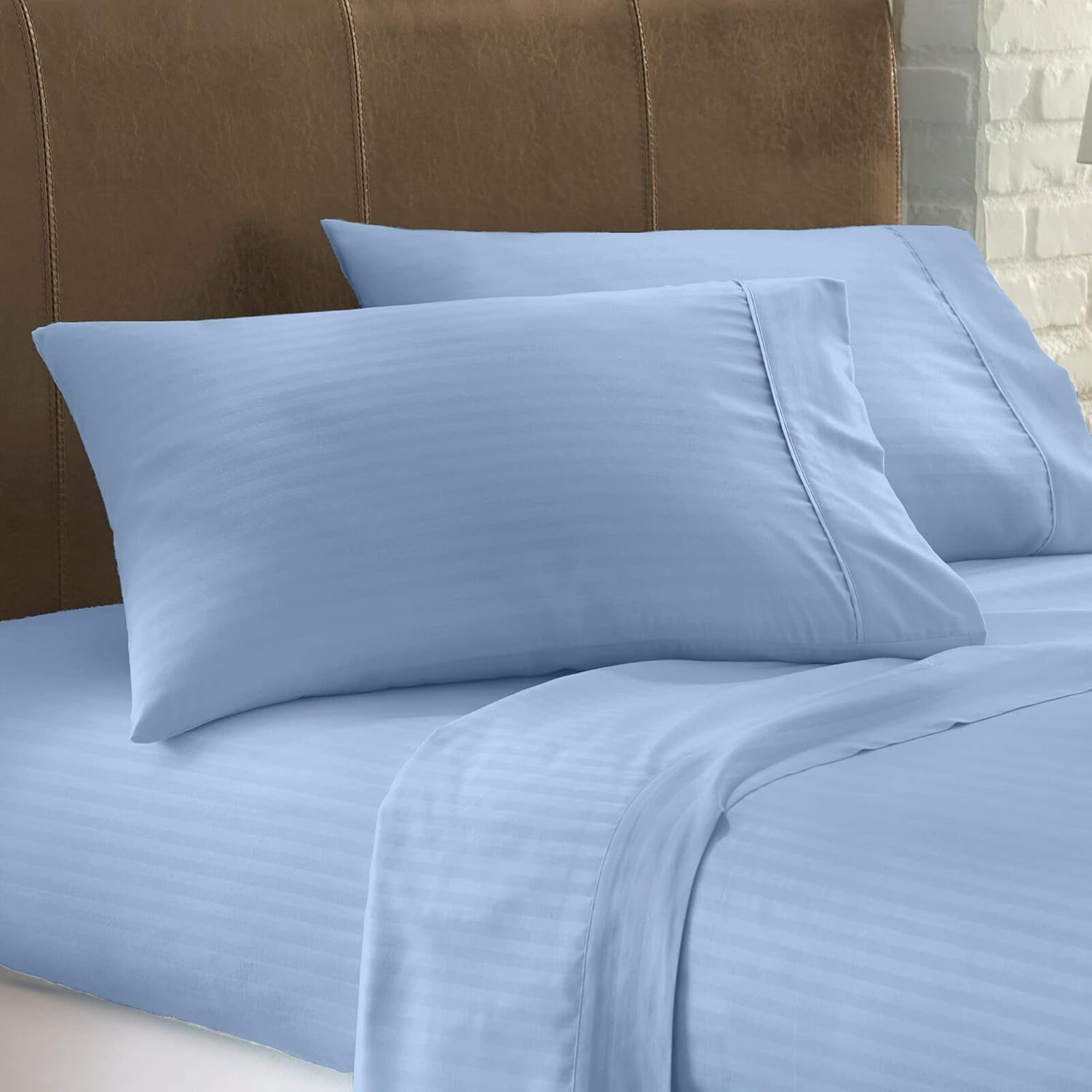 California King Sheet Set 1000 Thread Count Softest 100% Egyptian Cotton, 4-Piece [Flat, Fitted, Pillowcase] 1000-TC Hotel Quality Bedding, 16'' Deep Pockets, Sateen Weave - Striped Light Blue image number 1