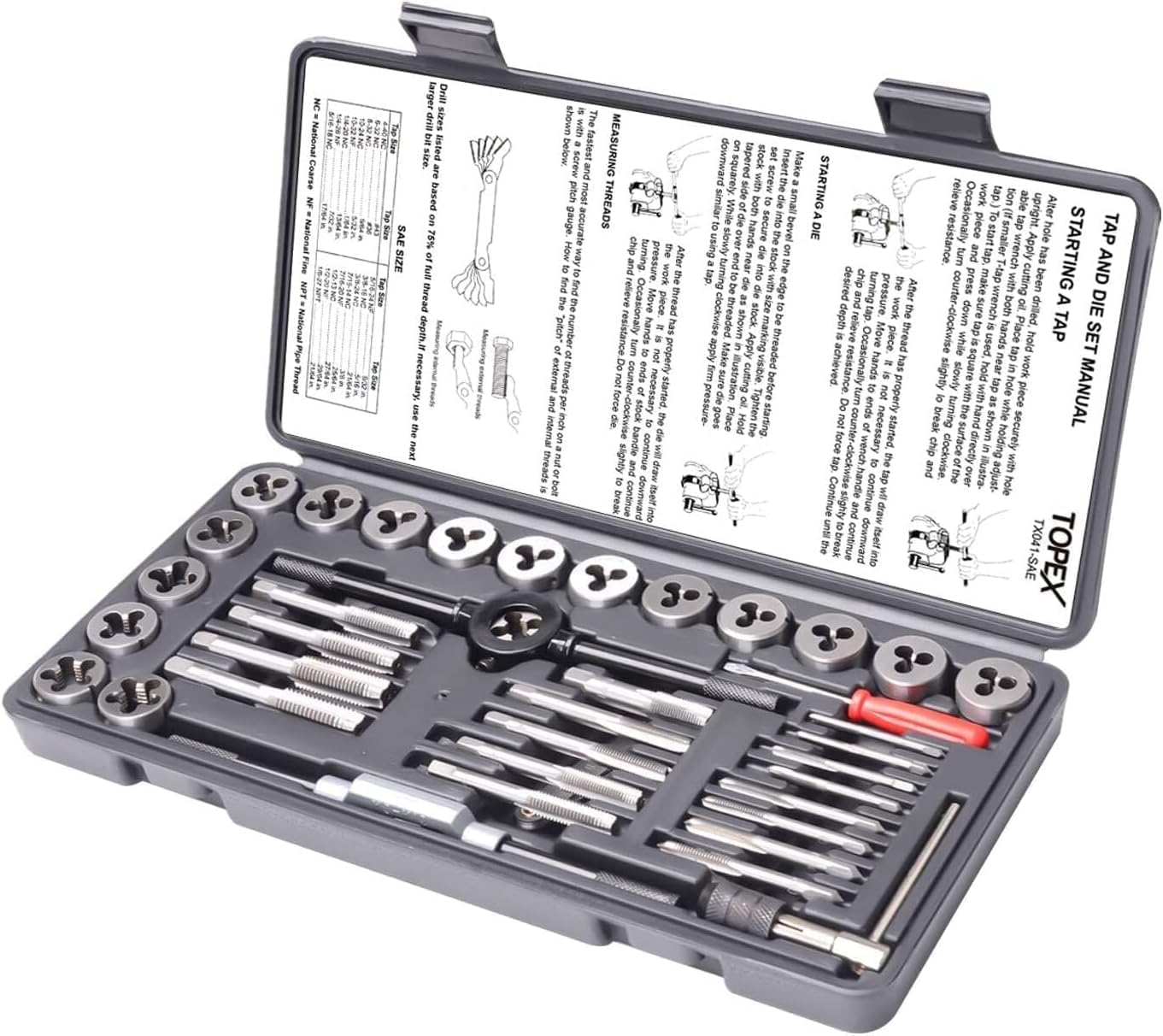 TOPEX 40 Pcs Metric Tap and Die Set Screw Thread Drill Kit Pitch Gauge M3-M12 image number 2