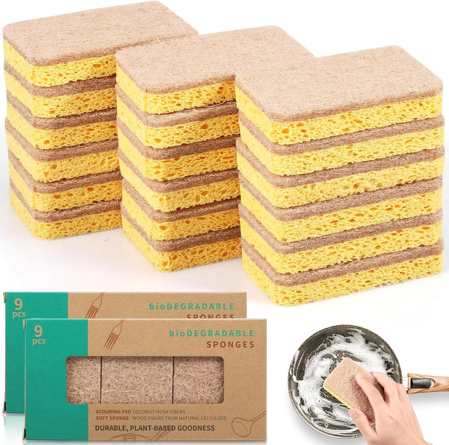 18 Pack Natural Kitchen Sponges Eco-Friendly Dish Sponge for Kitchen Odor Free Wood Pulp Sponge Strong Absorbent Quick-Drying Scrubber Sponges for Washing and Cleaning Dishes(S Shape)