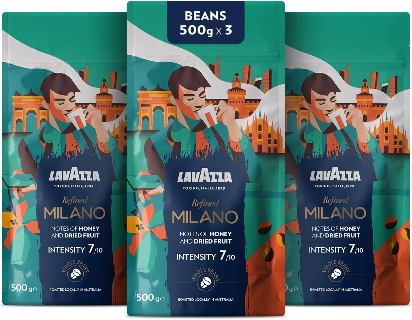 Lavazza, Tales of Italy Refined Milano, 1.5 Kg, Coffee Beans, for Espresso Coffee Machines, Notes of Honey and Dried Fruit, 100% Arabica, Intensity 7/10, Light Roasting, Roasted in Australia, 3 X 500G image number 1