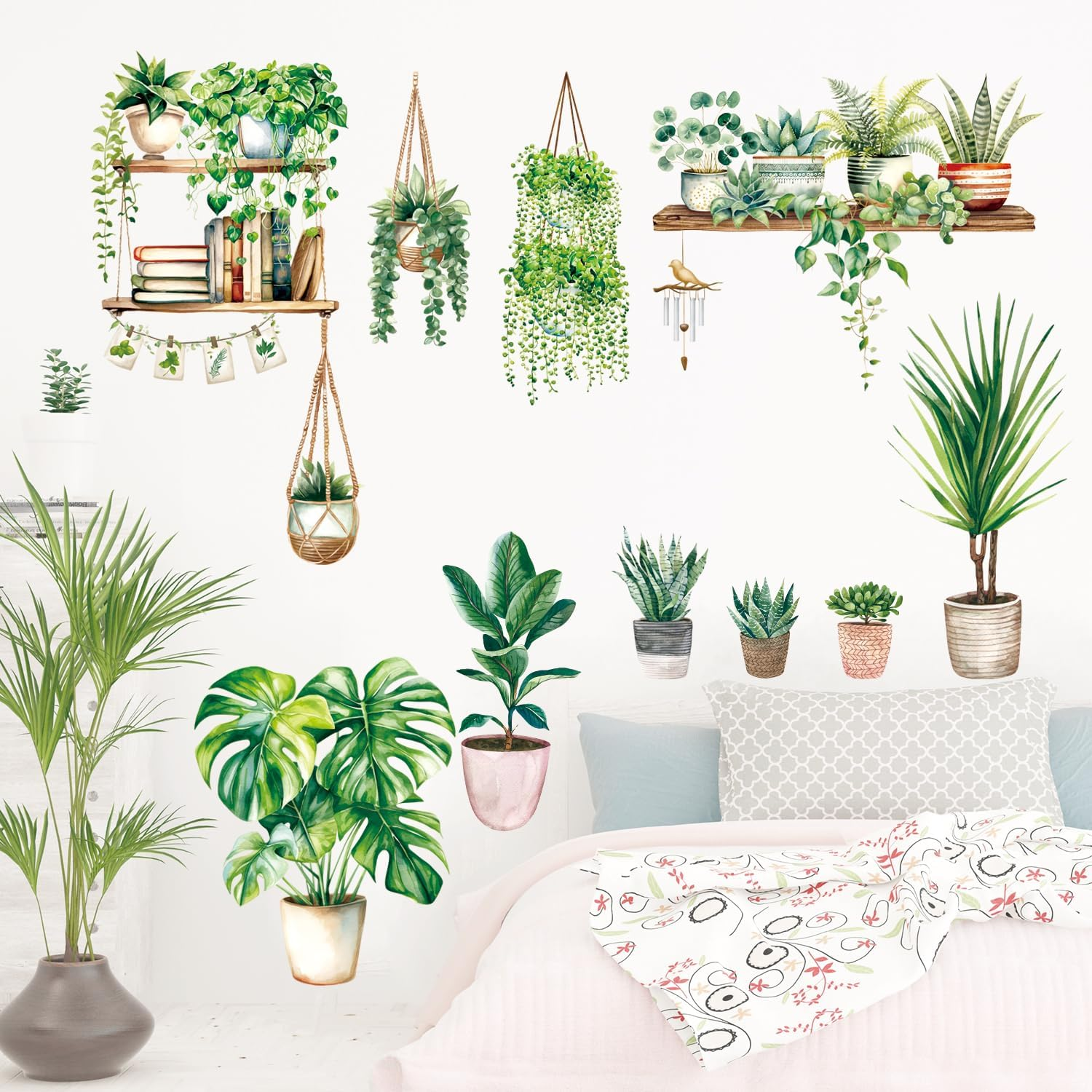 DECOWALL SG2-2411 Green Pot Plants Leaves Wall Stickers Bedroom Living D&eacute;cor Art Plants Removable Murals Peel Stick Green Nursery Home DIY Leaves Kids Leaf Potted Vinyl Classroom Decoration Garden image number 4