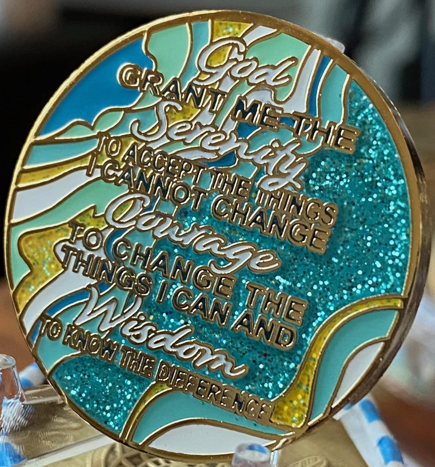 2 Year AA Medallion Elegant Marble Caribbean Aqua Glitter Blue Gold Plated Chip image number 1