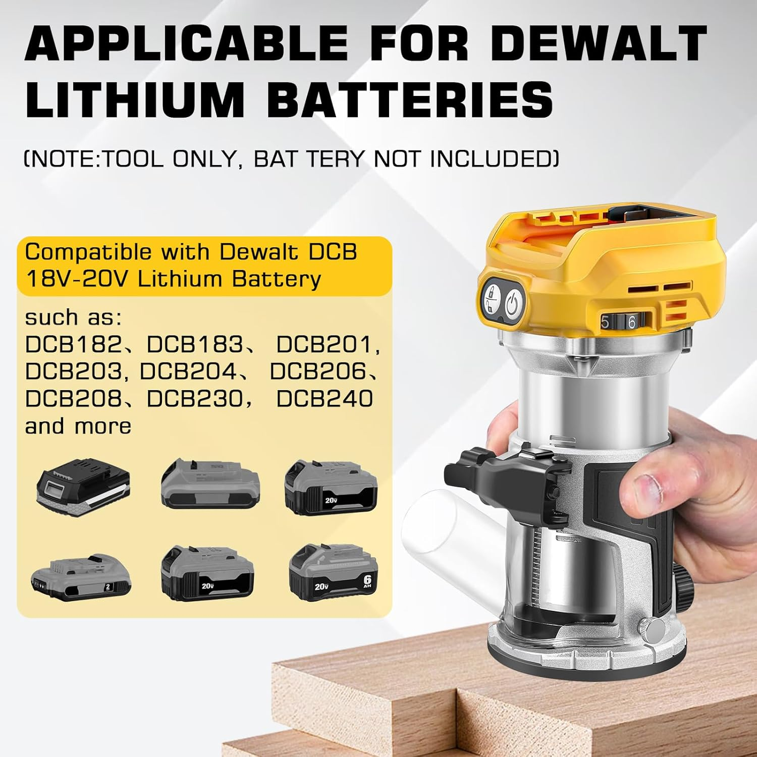 Cordless Power Router Compatible with Dewalt 18V-20V Battery, 800W Brushless Wood Trimmer with 6 Speed, Brushless Router Trimmer, Cordless Wood Trimmer, Straight Guide, 15 Milling Bits and 2 Spanners image number 1