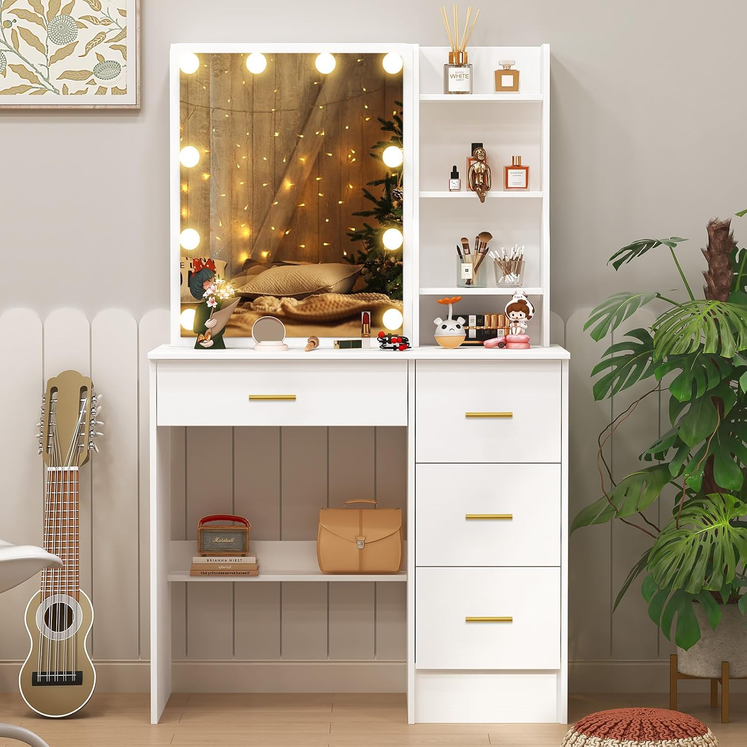 Makeup Vanity Desk with Lights, White Dressing Table with Sliding Lighted Mirror, Small Vanities Makeup Table with Storage 4 Drawers 7 Shelves, Teen Girls Vanity for Bedroom, Golden Knobs image number 3